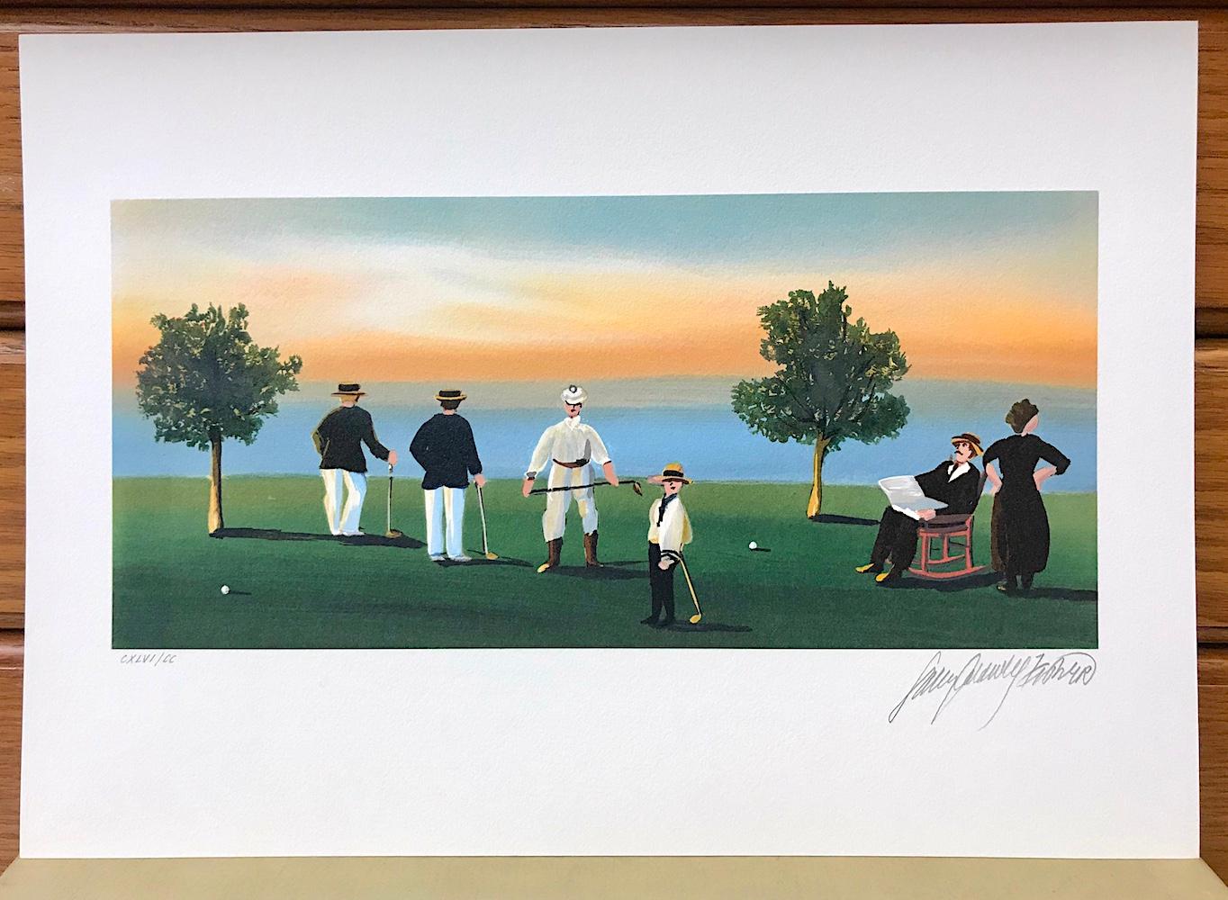 RUSTICATORS AT THE CLOSE OF DAY Signed Lithograph, New England Golfers, Sunset - Contemporary Print by Sally Caldwell-Fisher