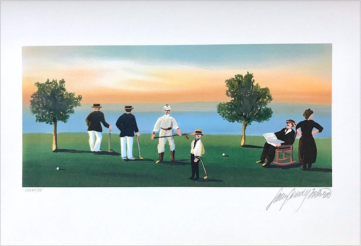 Sally Caldwell-Fisher Figurative Print - RUSTICATORS AT THE CLOSE OF DAY Signed Lithograph, New England Golfers, Sunset
