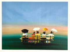 RUSTICATORS WATCHING THE SUNSET Lithograph on Arches, Victorian Ladies on Bench