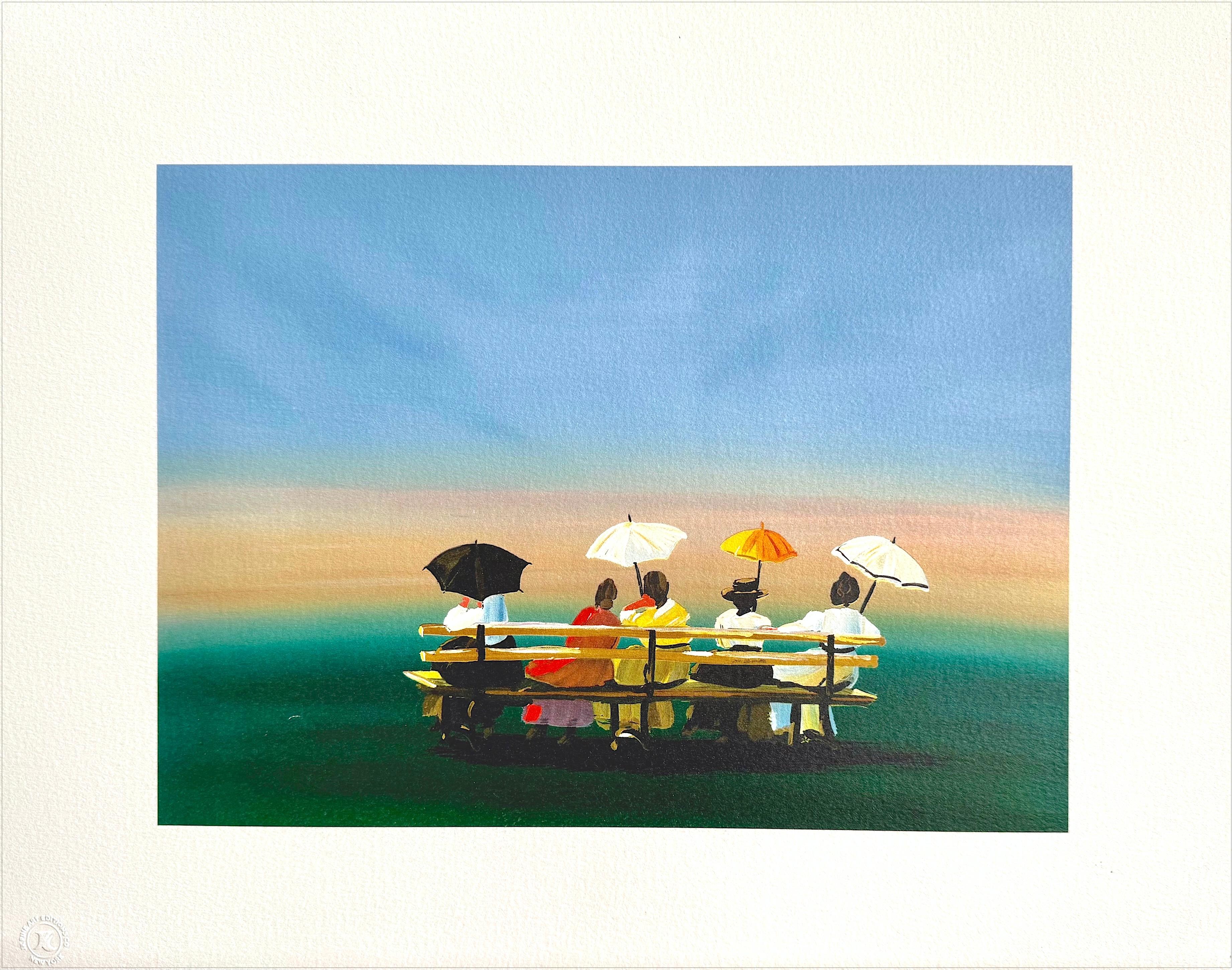 Landscape Print Sally Caldwell-Fisher - RUSTICATORS WATCHING THE SUNSET Lithographie sur arches, dames victoriennes sur un banc