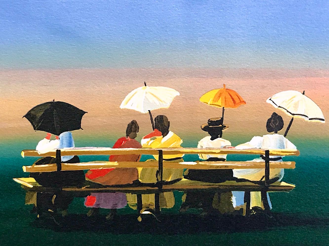 RUSTICATORS WATCHING THE SUNSET Signed Lithograph, New England Ladies w Parasols - Print by Sally Caldwell-Fisher