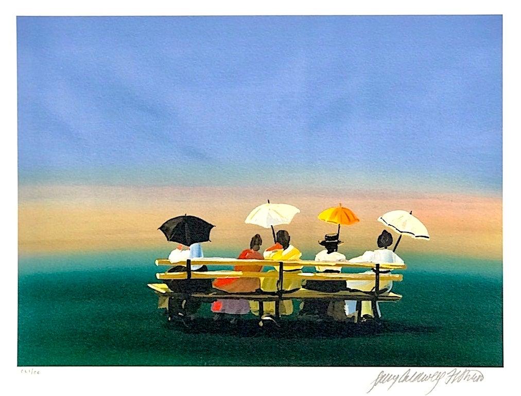 Sally Caldwell-Fisher Landscape Print - RUSTICATORS WATCHING THE SUNSET Signed Lithograph, New England Ladies w Parasols