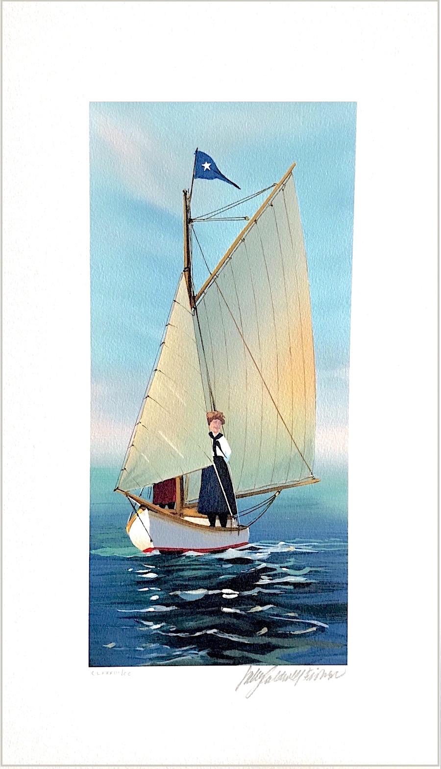 THE LOOKOUT Signed Lithograph, Young Woman on Sailboat, New England Summer - Print by Sally Caldwell-Fisher