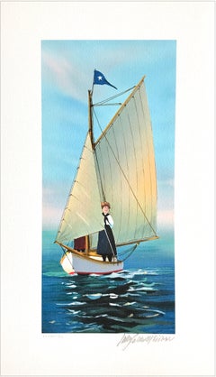 THE LOOKOUT Signed Lithograph, Young Woman on Sailboat, New England Summer