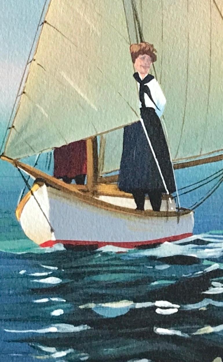 THE LOOKOUT Litografia firmata, Giovane donna in barca a vela, estate del New England - Print Contemporaneo di Sally Caldwell-Fisher