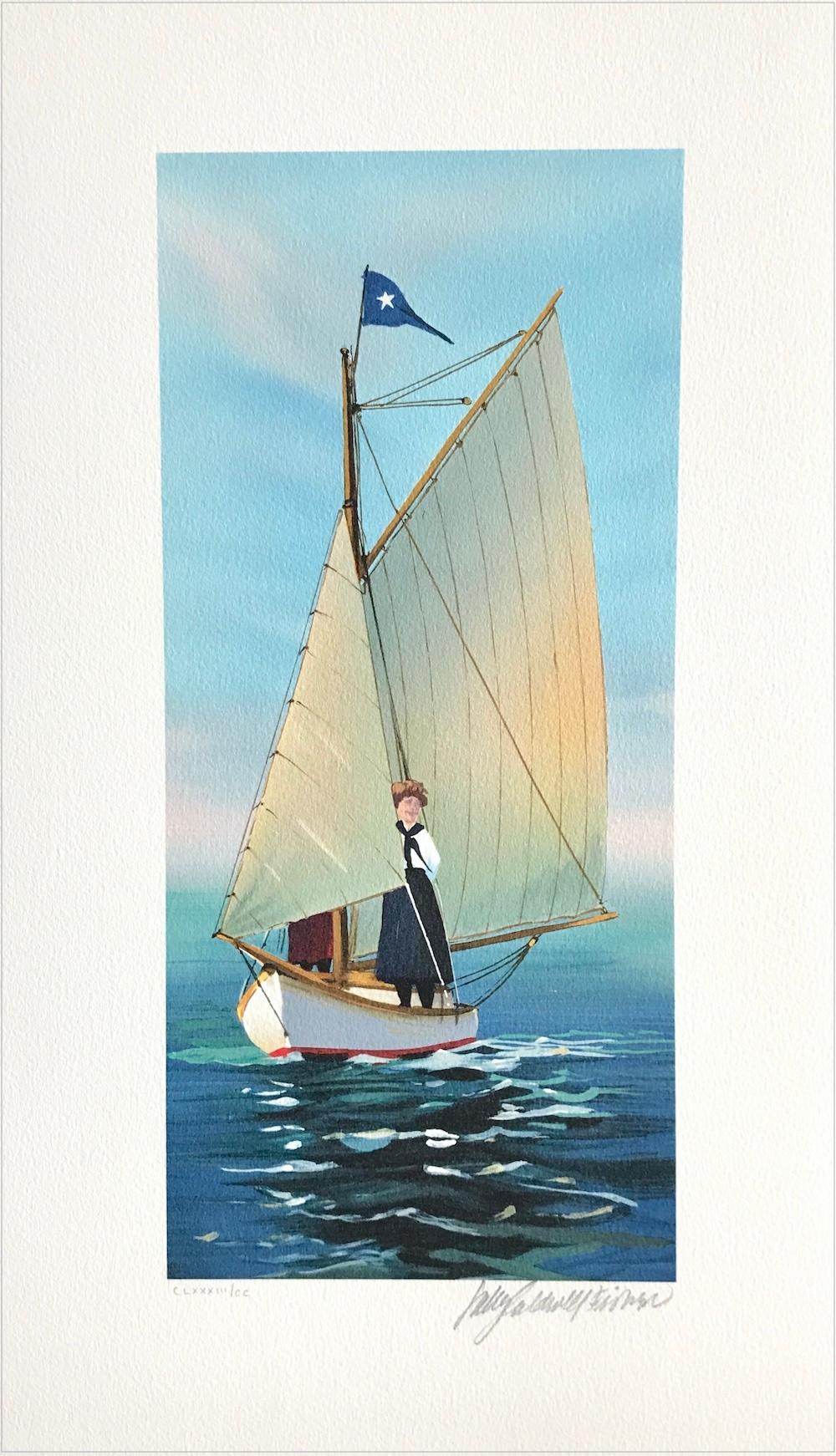 THE LOOKOUT Litografia firmata, Giovane donna in barca a vela, estate del New England - Figurative Print Blu di Sally Caldwell-Fisher