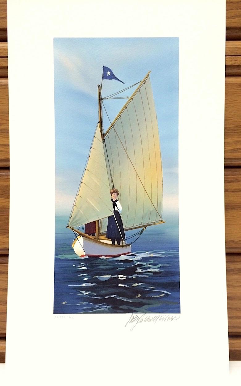Lithographie signée « THE LOOKOUT » représentant une jeune femme sur un voilier, été de Nouvelle-Angleterre en vente 1