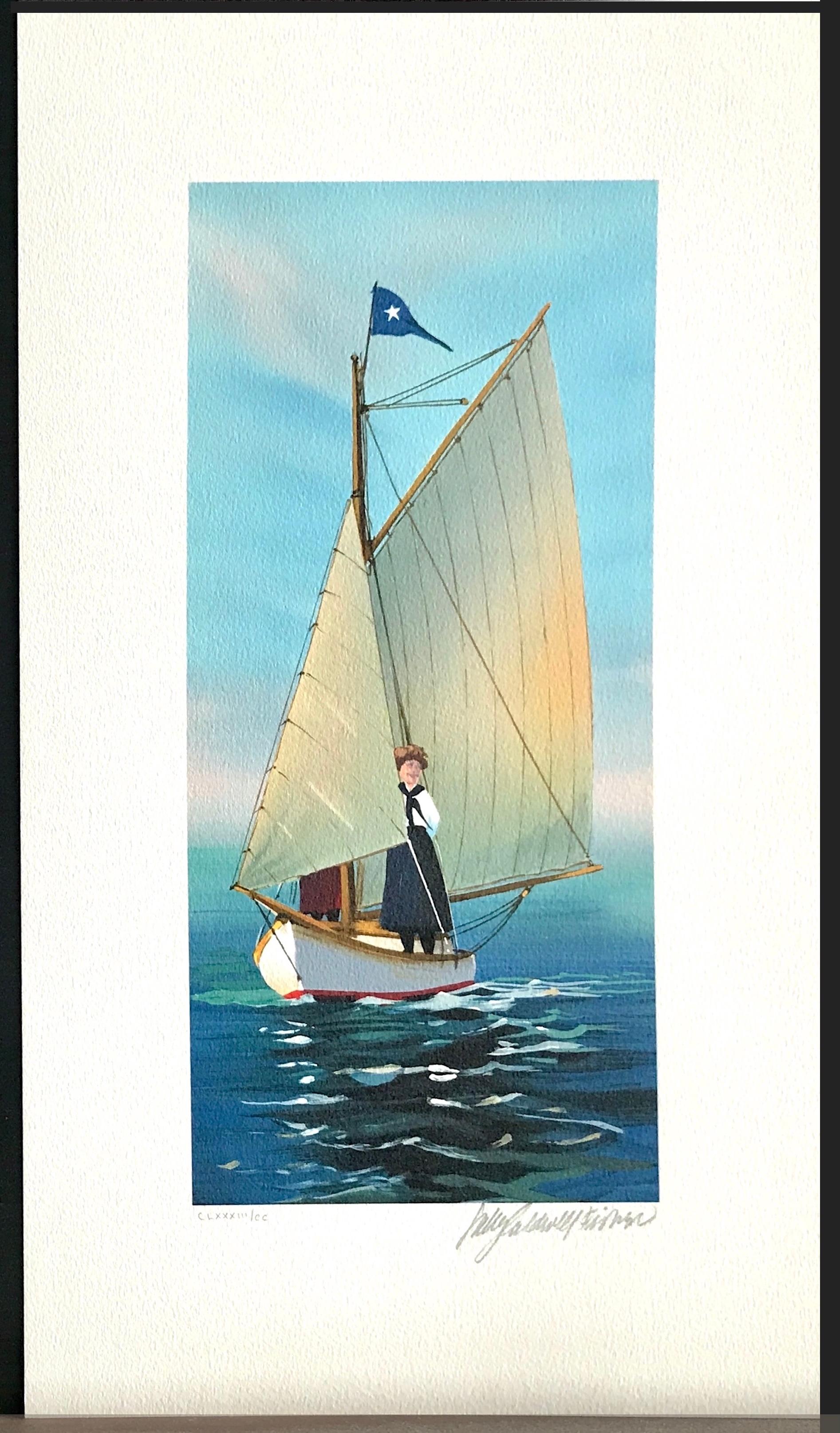 Signierte Lithographie THE LOOKOUT, Junge Frau auf Segelboot, Sommer in Neuengland, signiert im Angebot 3