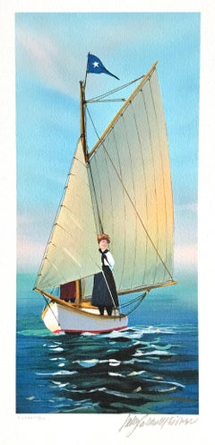 THE LOOKOUT Signed Lithograph, Young Woman on Sailboat, New England Summer