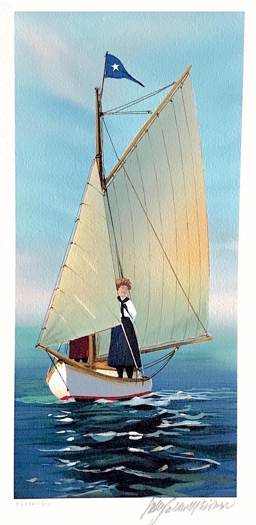 Sally Caldwell-Fisher Figurative Print - THE LOOKOUT Signed Lithograph, Young Woman on Sailboat, New England Summer