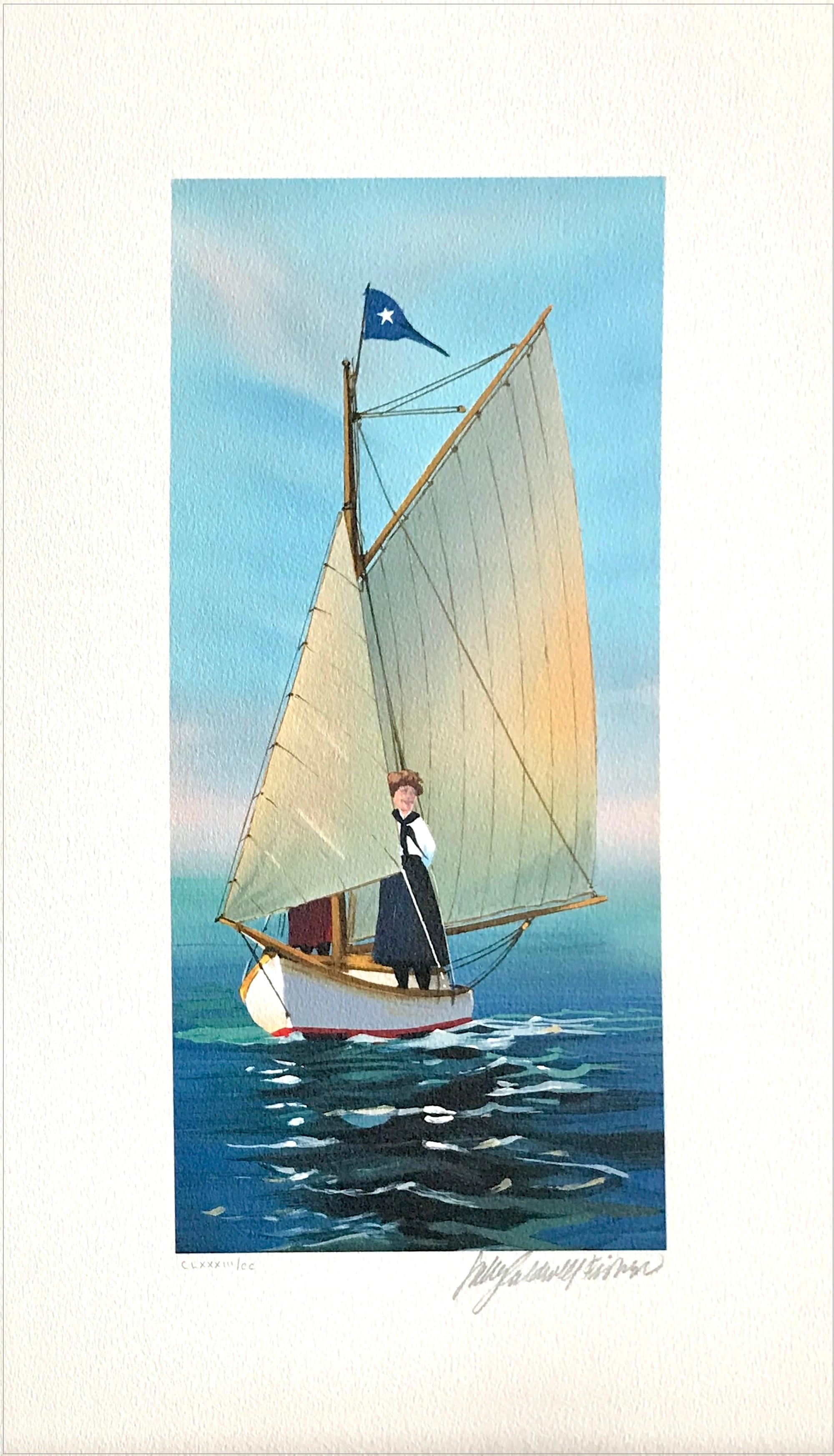 THE LOOKOUT Signed Lithograph, Young Woman on Sailboat, New England Summer