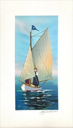 THE LOOKOUT Signed Lithograph, Young Woman on Sailboat, New England Summer