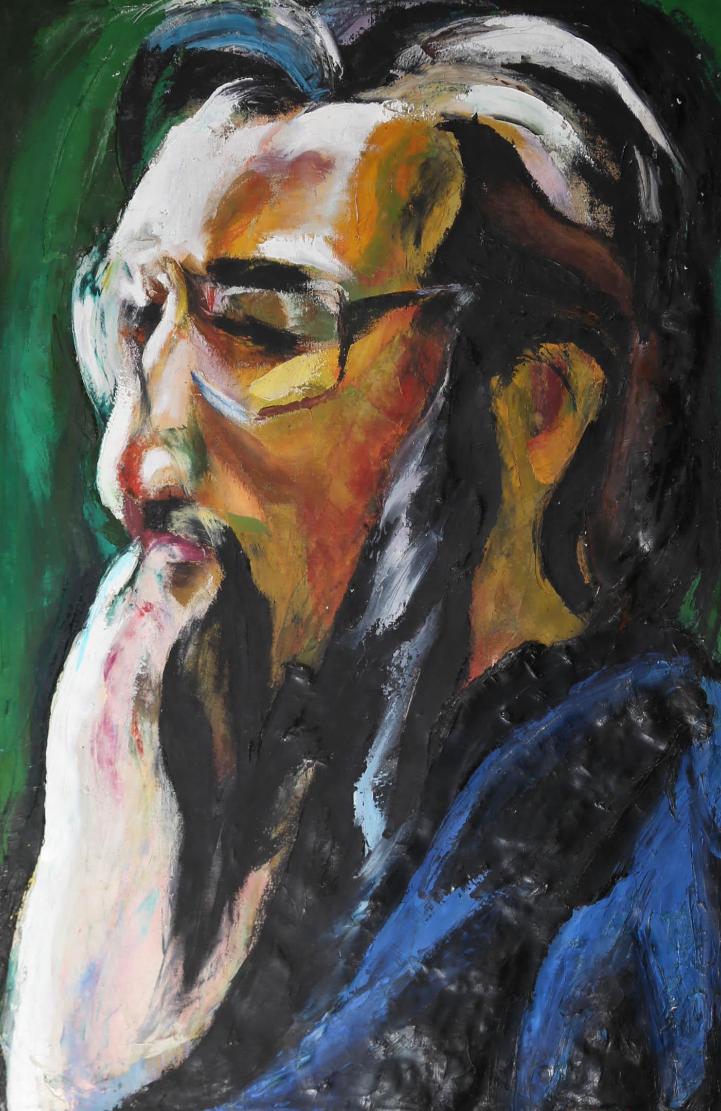 A striking contemporary portrait of a bearded man, deep in thought. The artist has used large, textured strokes with a palette knife, to create a confident and immediate portrait. The artist has signed and dated to the lower right corner and the