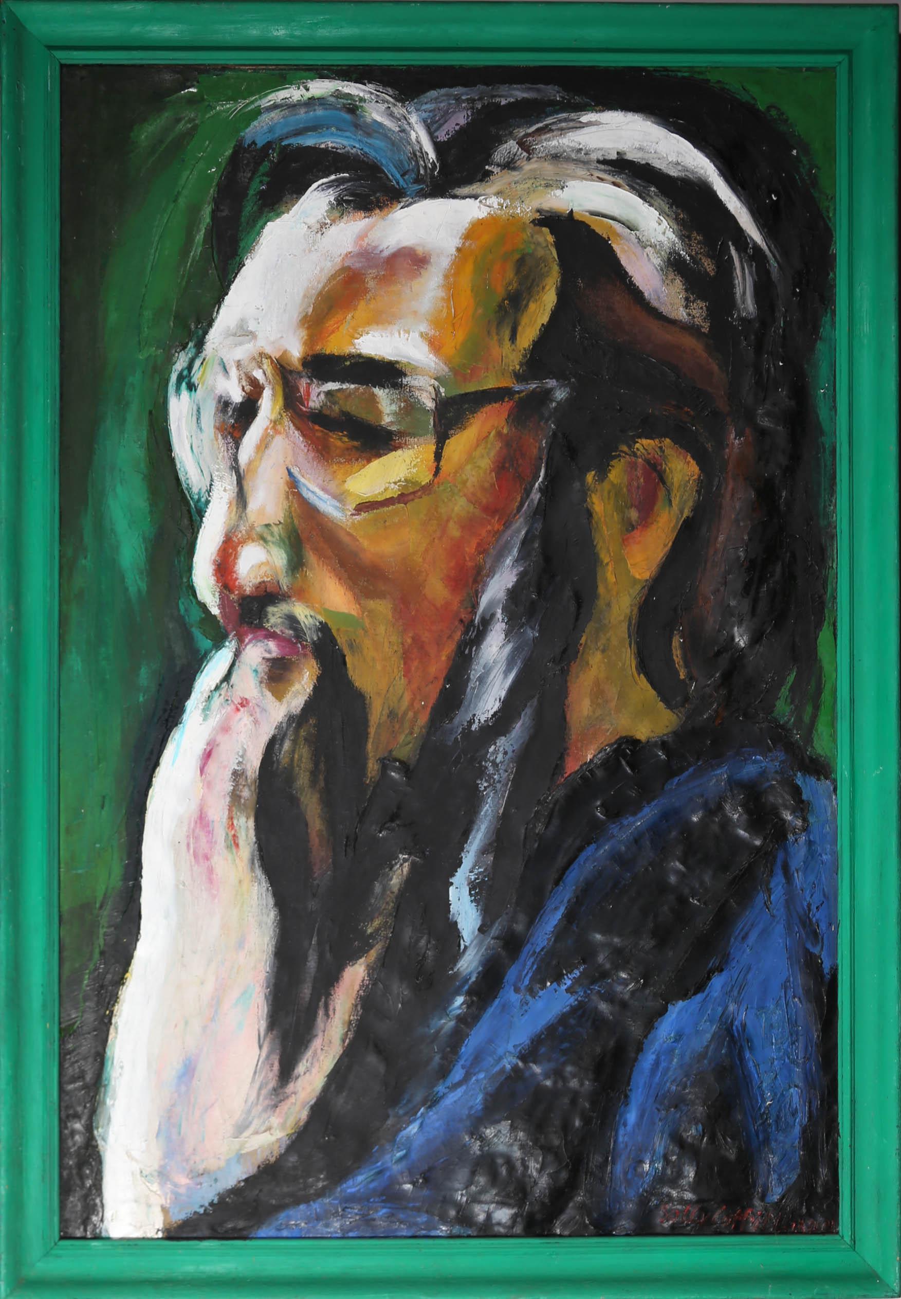 Un suggestivo ritratto contemporaneo di un uomo barbuto, immerso nei suoi pensieri. L'artista ha usato pennellate ampie e strutturate con una spatola, per creare un ritratto sicuro e immediato. L'artista ha apposto la firma e la data nell'angolo in