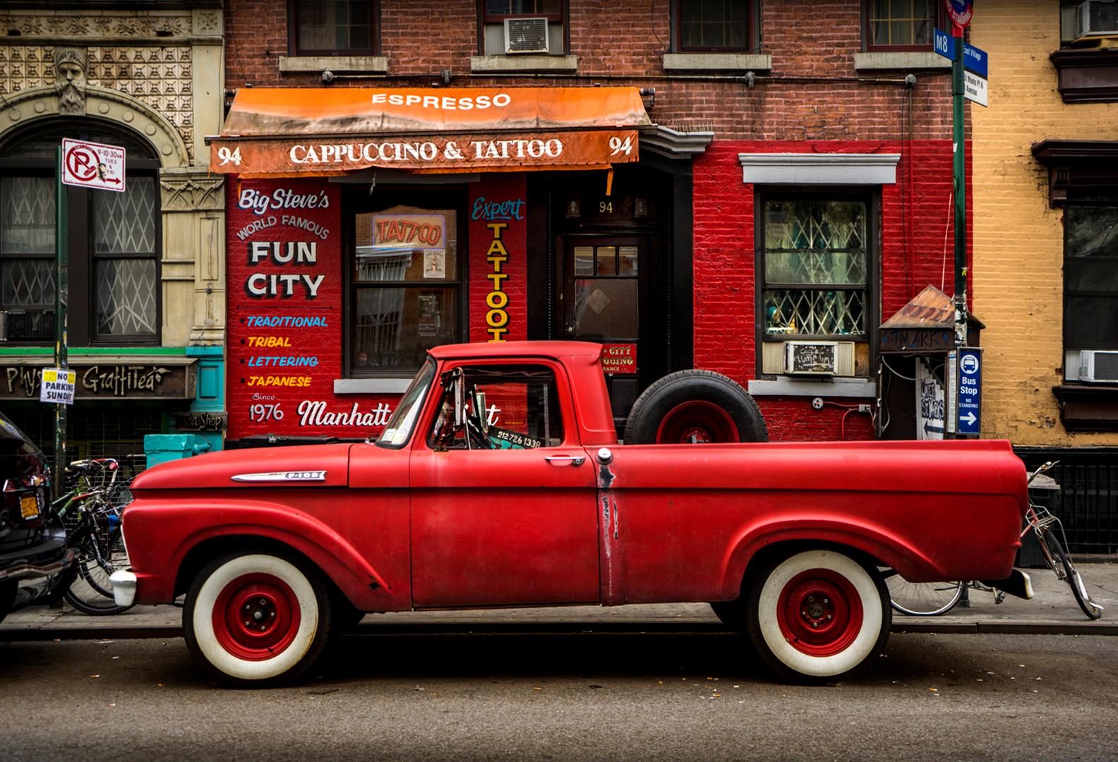 Artist: Sally Davies (1956)
Title: Red Vintage Truck Tattoo (New York City)
Year: 2022
Medium: Inkjet print on archival paper
Edition: 12, plus proofs
Size: 17 x 22 inches
Condition: Excellent
Inscription: Signed, dated, titled by the artist
Notes: