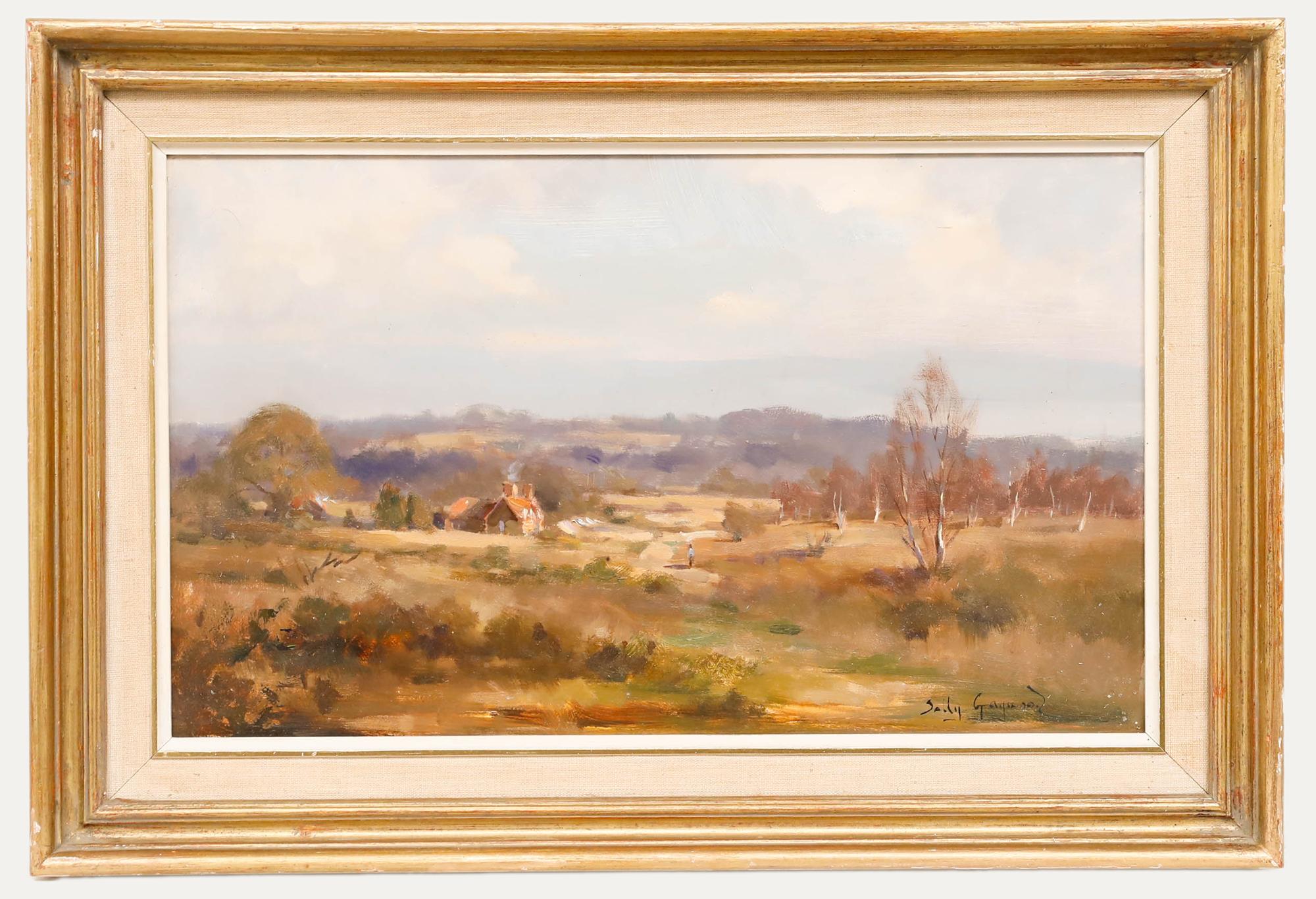 Un'incantevole scena di paesaggio che ritrae i campi ondulati di Hartley Wintney, nell'Hampshire. Firmato in basso a destra. Presentato in una cornice dorata con una sottoveste di cotone. A bordo.