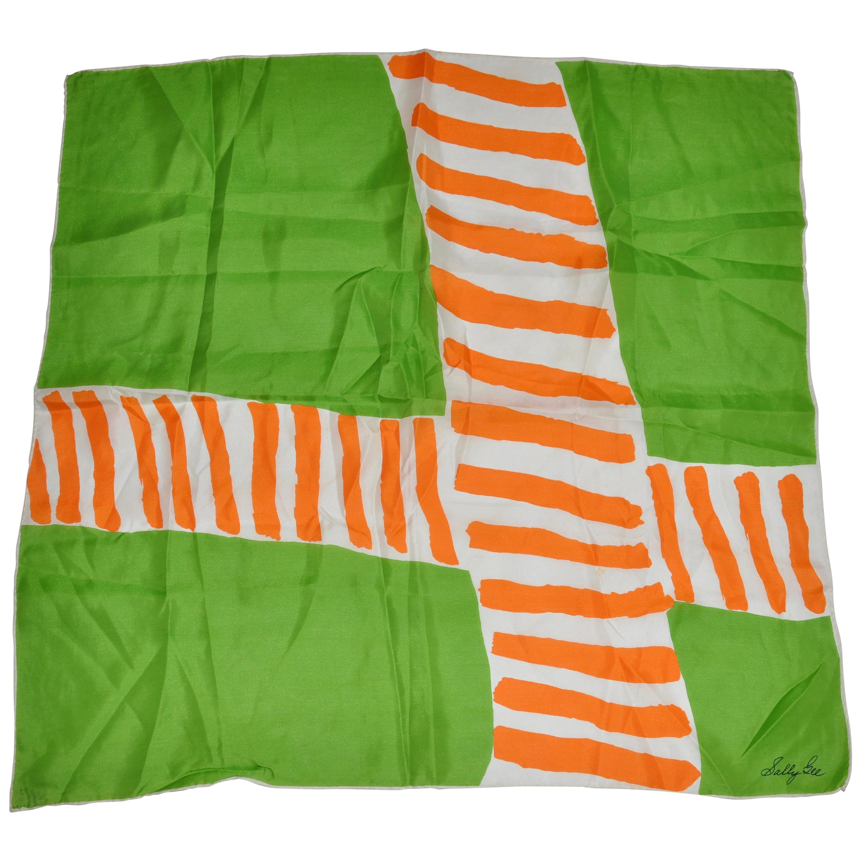 Sally Gee Neon Green & Tangerine "Candy Cane" Silk Scarf For Sale