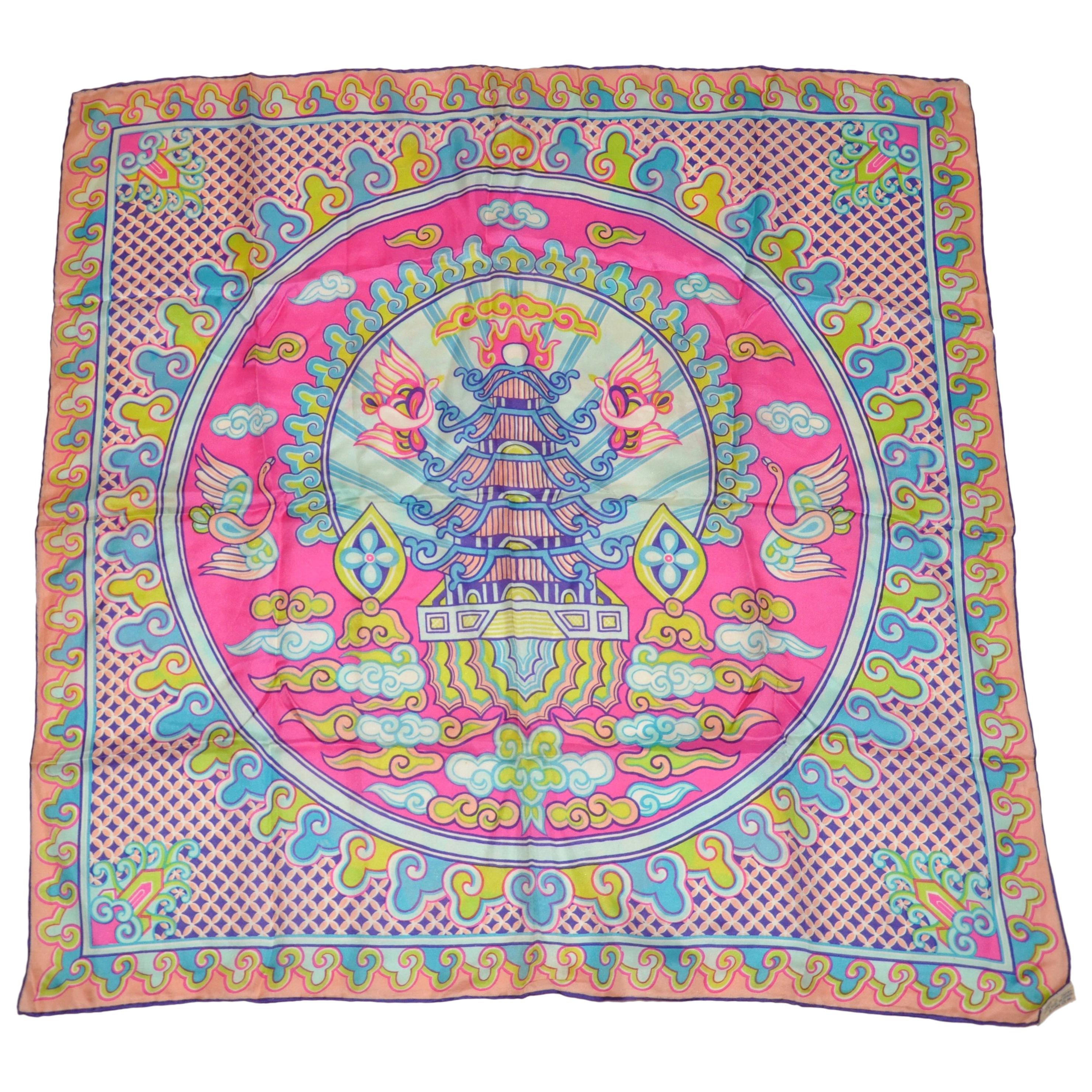 Sally Gee Whimsically Colorful "Asian Theme" Silk Scarf