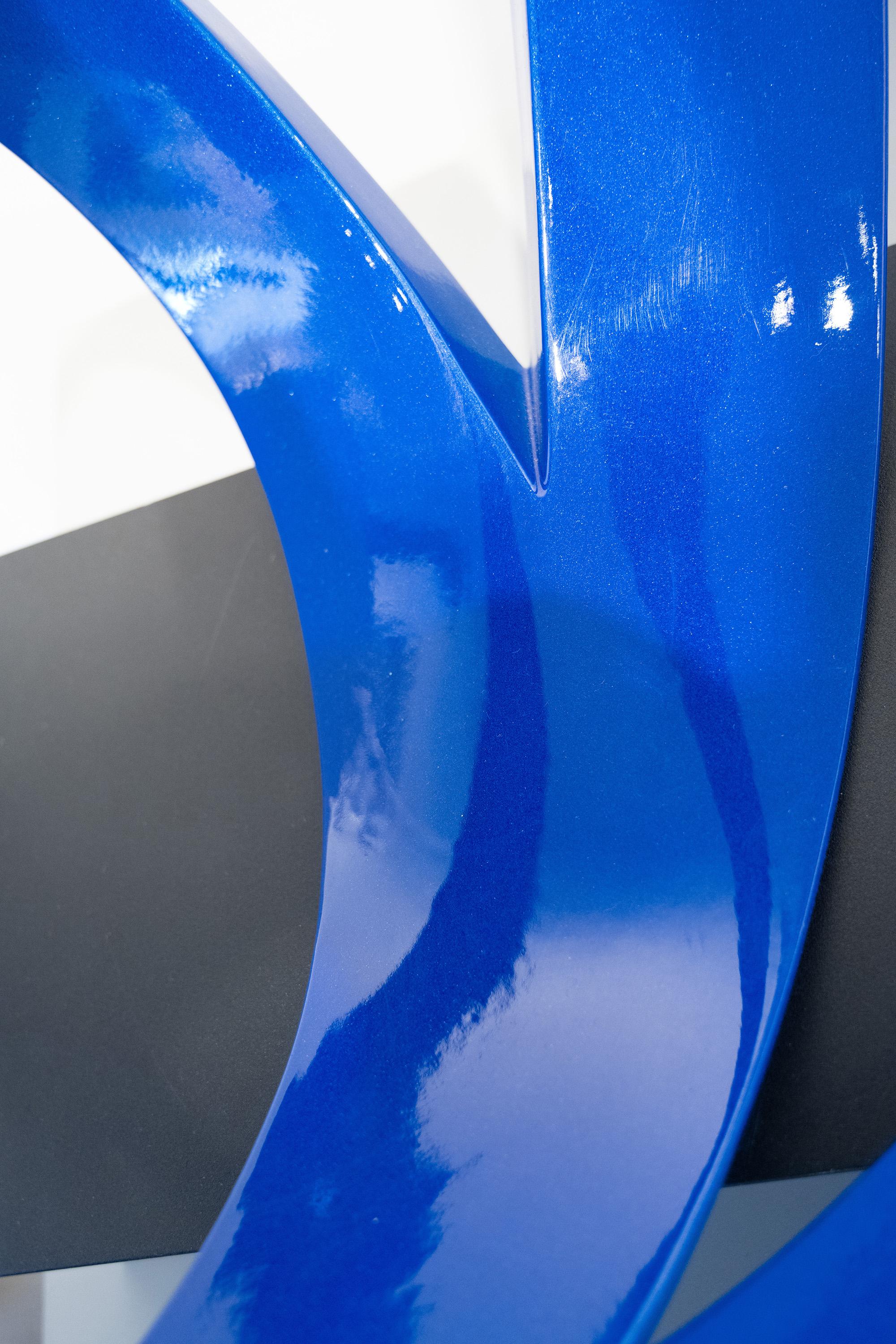 pulverbeschichtetes blau irisierendes Finish, Oberfläche mit leichten Mängeln
handgefertigte Bronze, Sockel aus pulverbeschichtetem Stahl
für Außen- oder Innenaufstellung

Grundfläche 17 x 9 x 3h