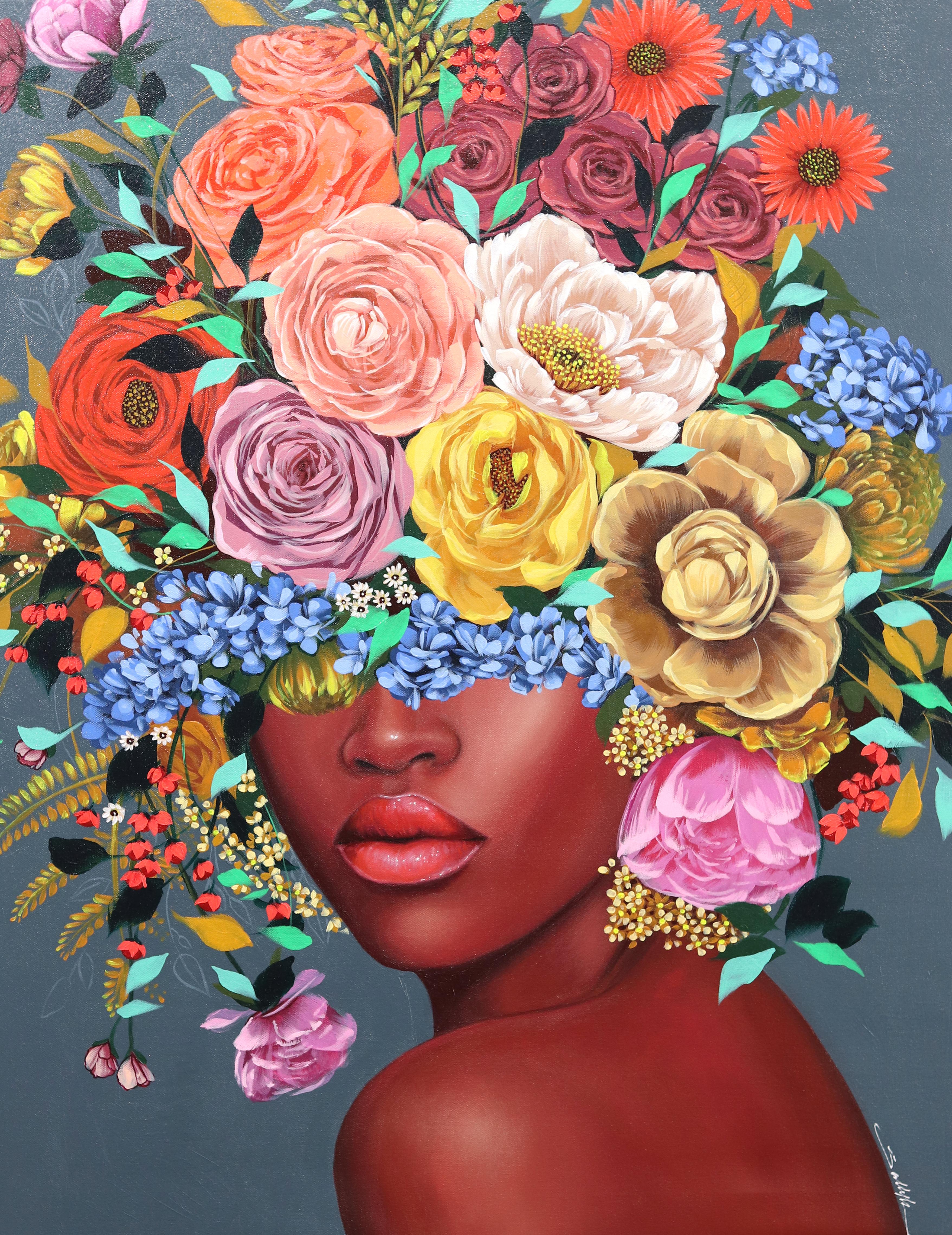 Lebanese American artist Sally K.'s captivating floral portraits are both mesmerizing and empowering.  Her pop-realistic paintings are inspired by strong, feminine women, celebrating the individuality and inherent strength of the female experience.