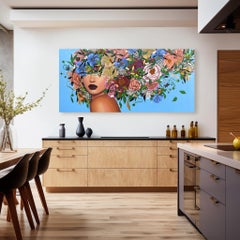 Angela - Large Original Colorful Floral Portrait Painting on Blue Background