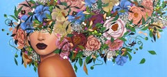 Angela - Gran pintura original de retrato floral colorido sobre fondo azul