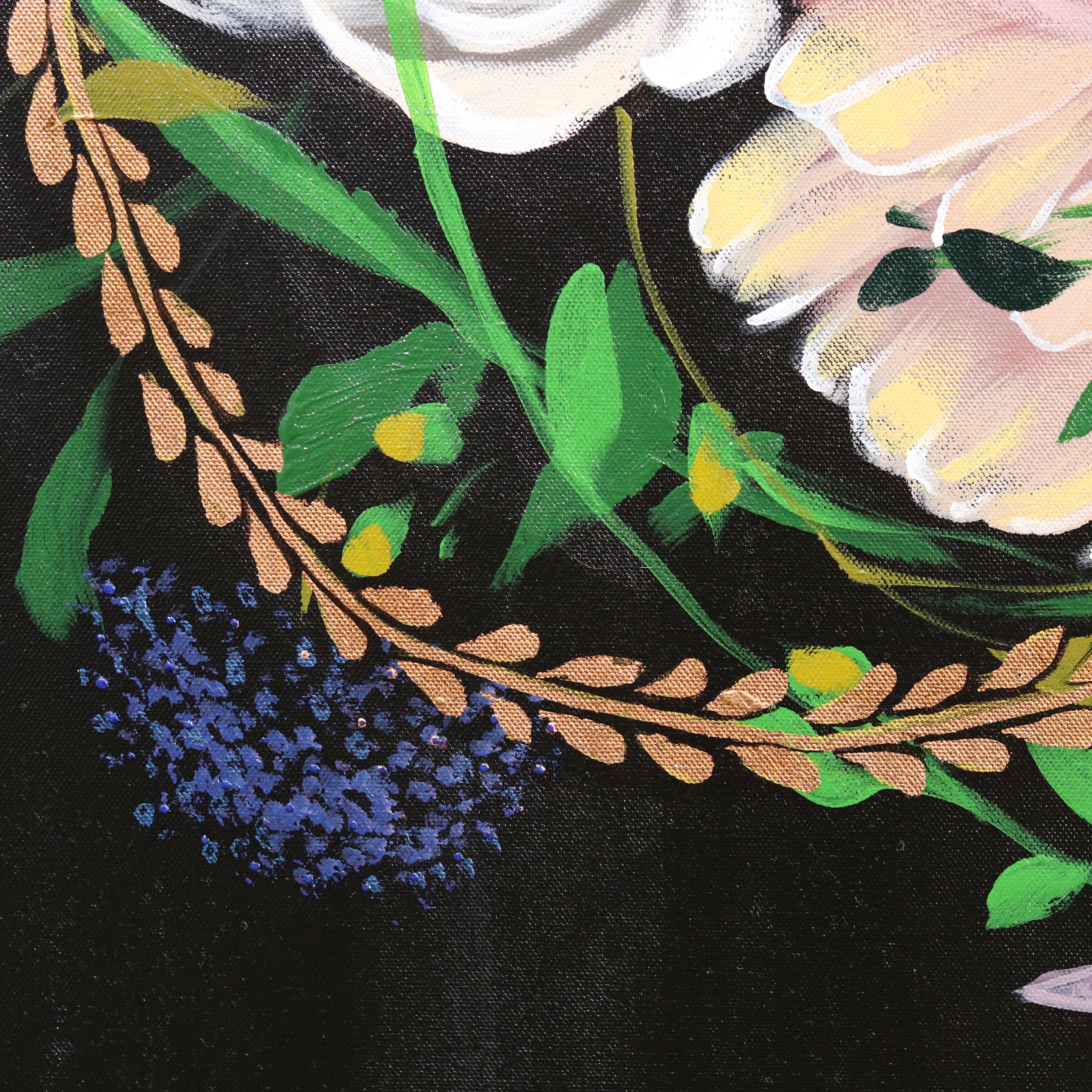 Peinture de portrait figurative florale originale Blooming Night   - Contemporain Painting par Sally K