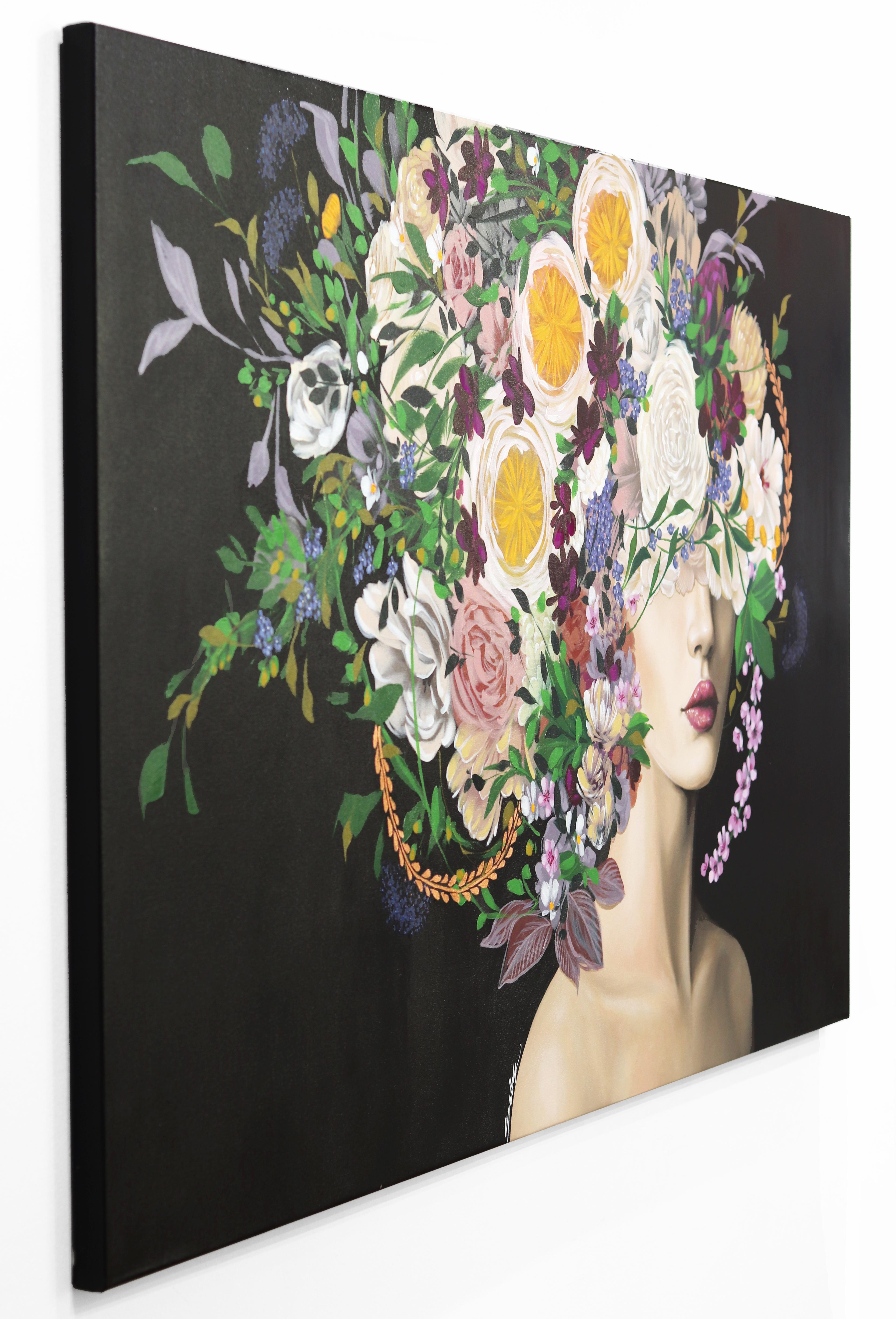 Blooming Night - Original Floral Figurative Portrait Painting   For Sale 2