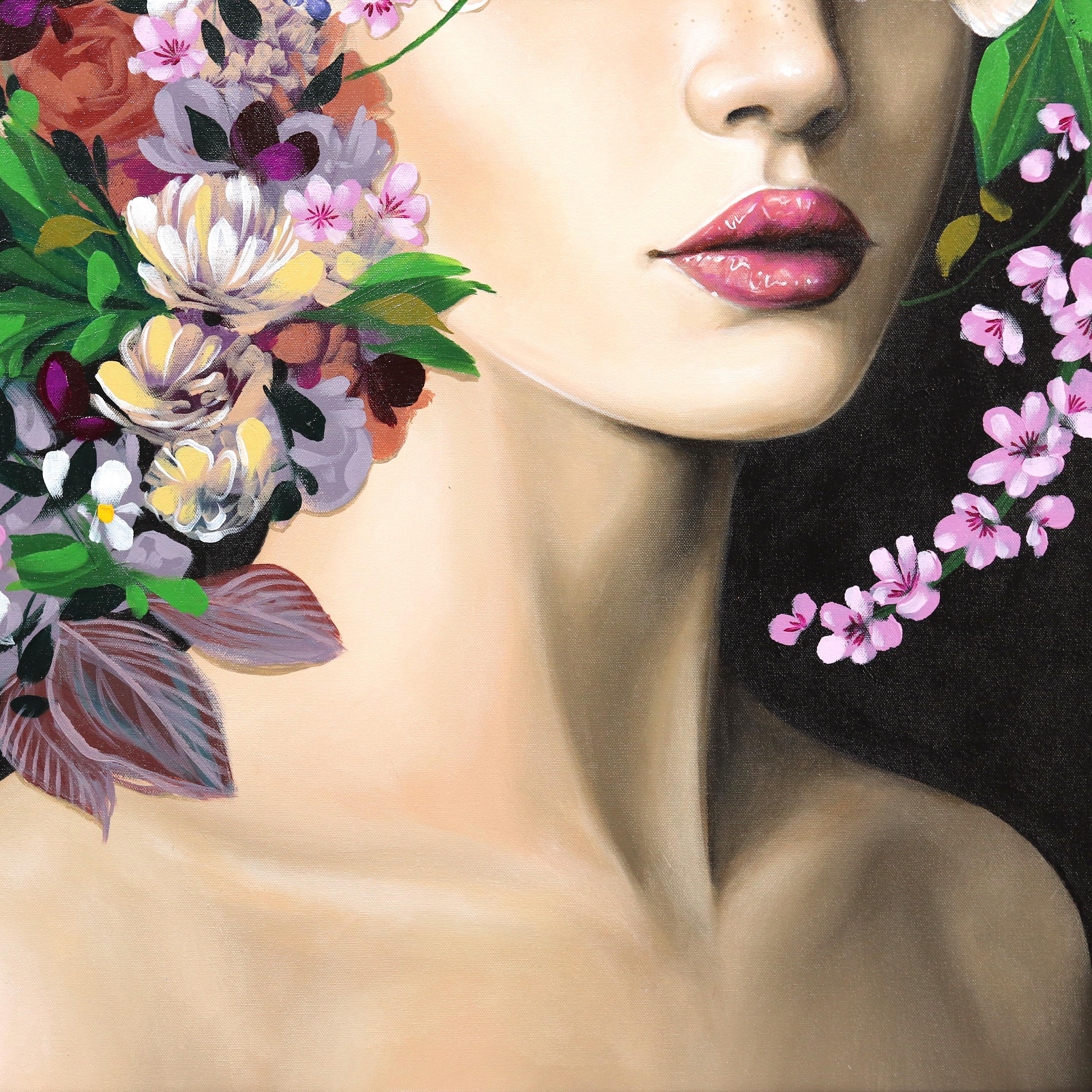 Blooming Night - Original Floral Figurative Portrait Painting   For Sale 6