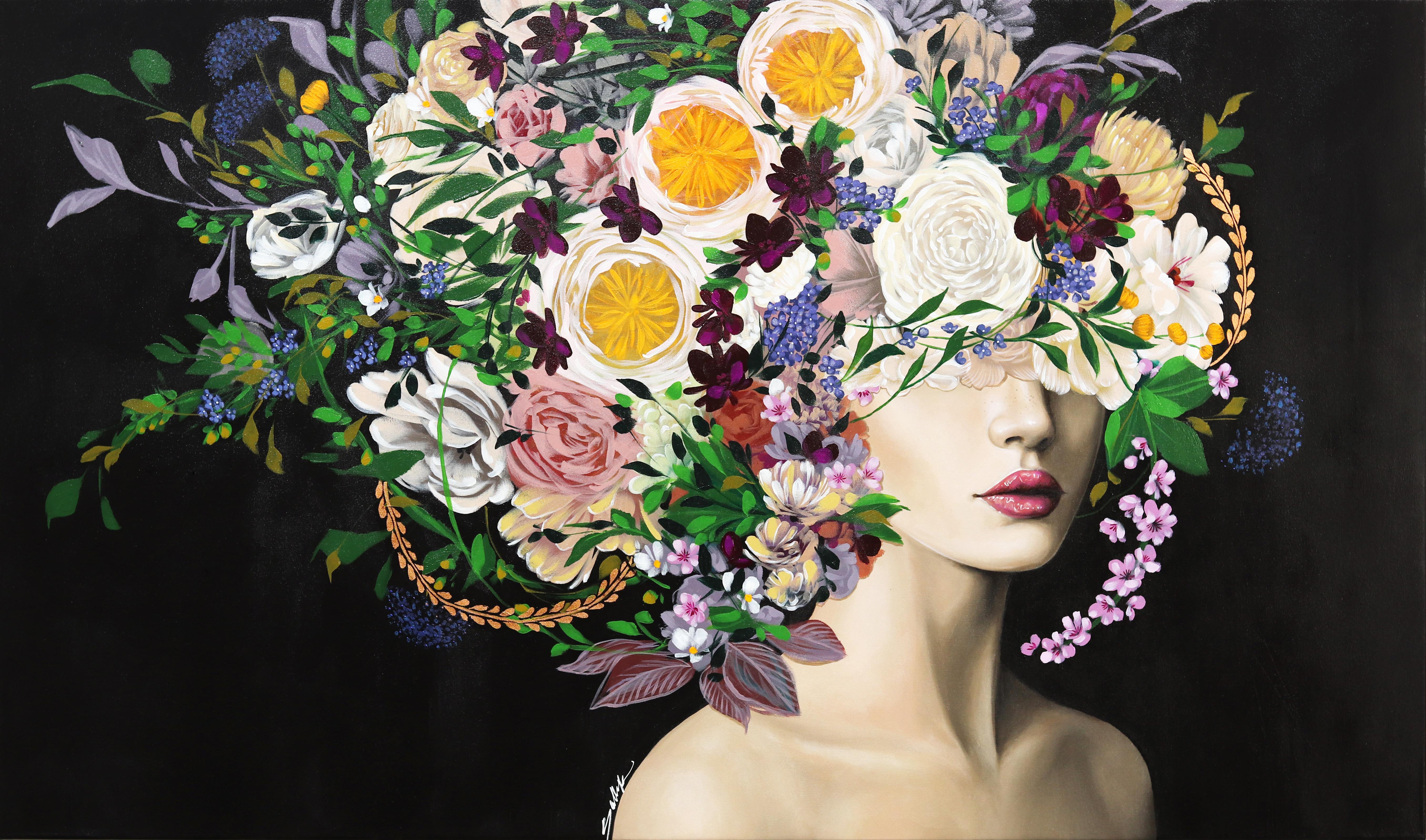 Sally K Figurative Painting - Blooming Night - Original Floral Figurative Portrait Painting  