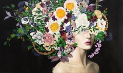 Blooming Night - Original Floral Figurative Portrait Painting  