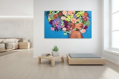 Sally K - Œuvre d'art figurative originale bleu ciel