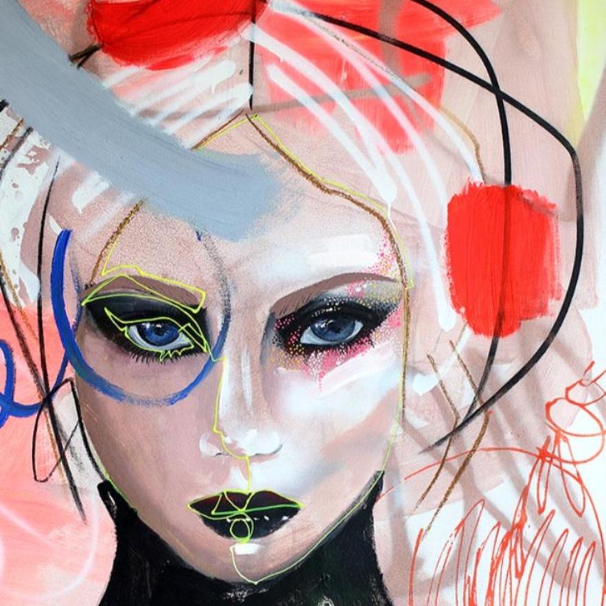 Galaxia - Pintura abstracta original de colores Retrato figurativo gestual - Figurative Painting Beige de Sally K