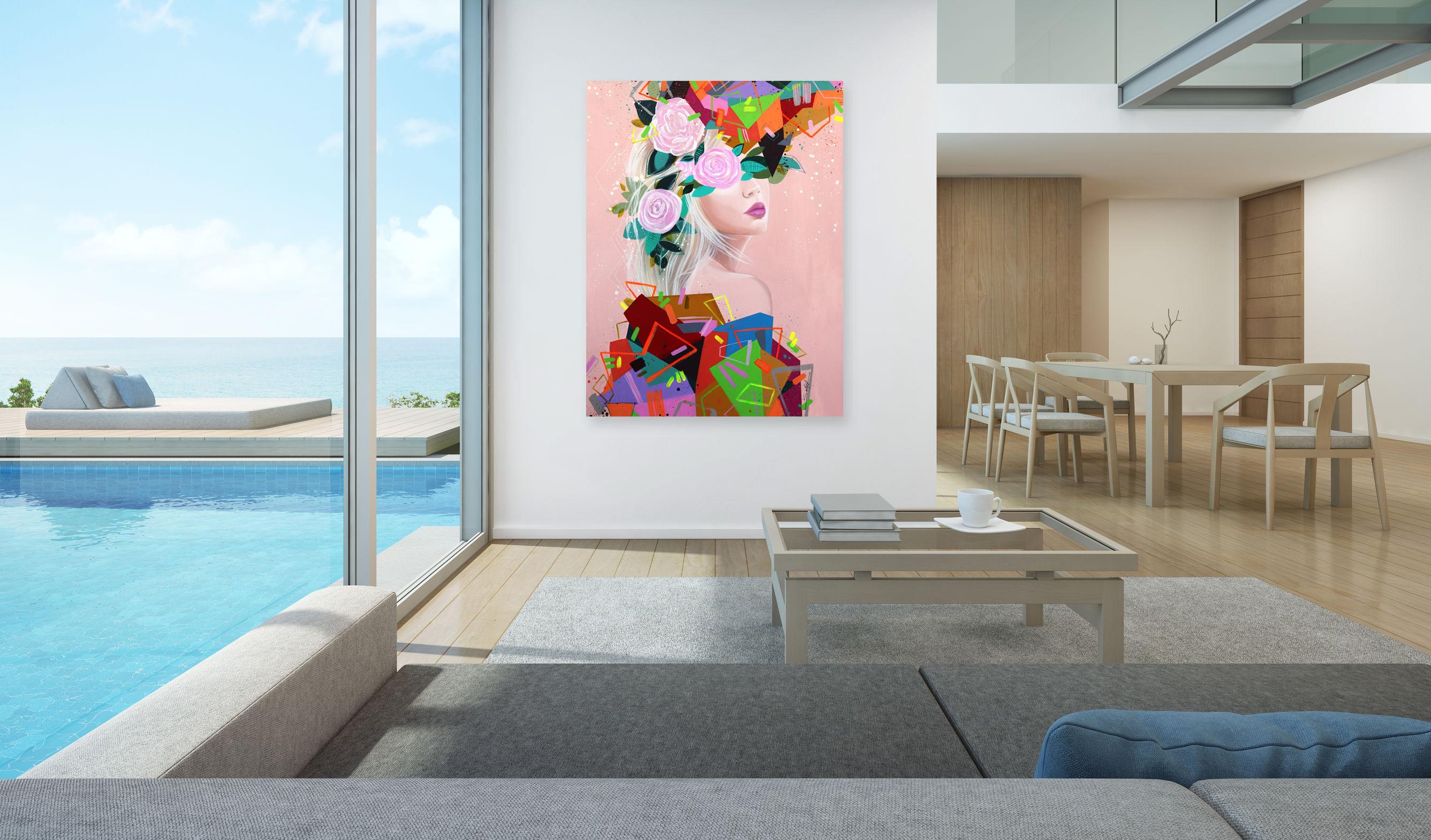 Geometrien II – Großes Originales, farbenfrohes, figuratives, abstraktes, geblümtes Gemälde in Rosa – Painting von Sally K