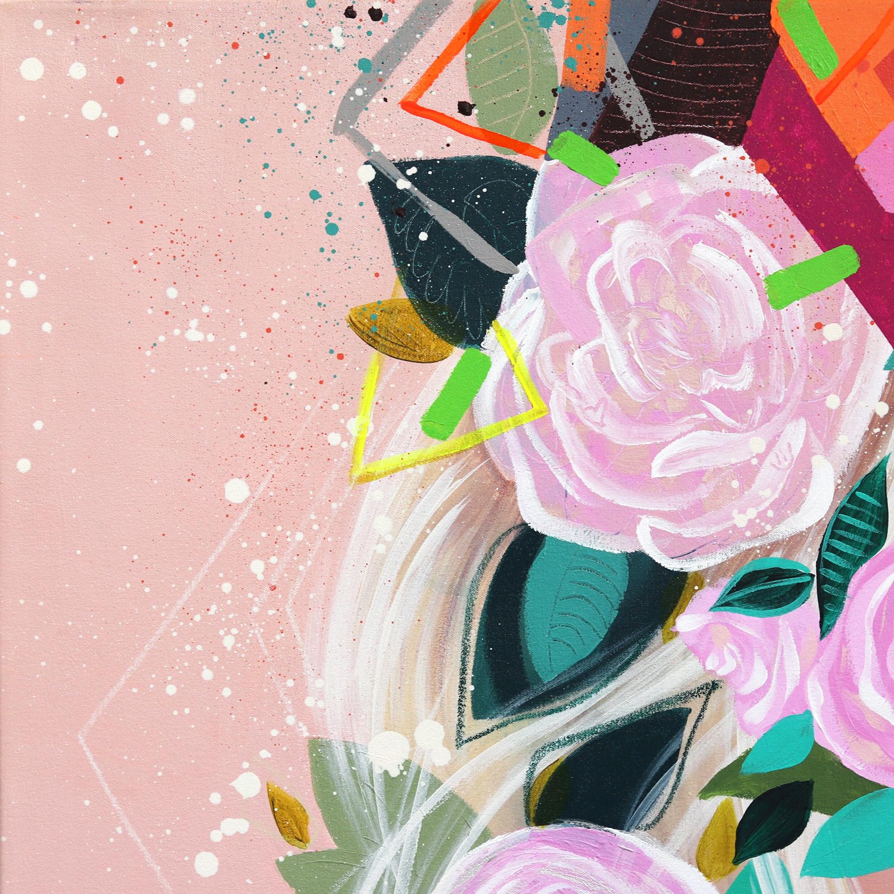 Geometres II - Grande peinture florale abstraite colorée rose originale - Contemporain Painting par Sally K