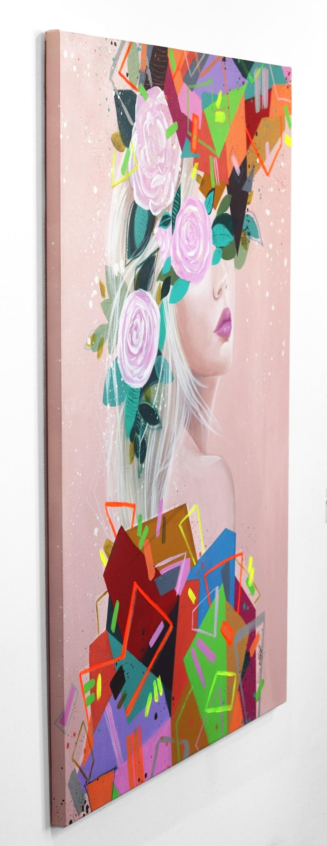 Geometrien II – Großes Originales, farbenfrohes, figuratives, abstraktes, geblümtes Gemälde in Rosa (Beige), Figurative Painting, von Sally K