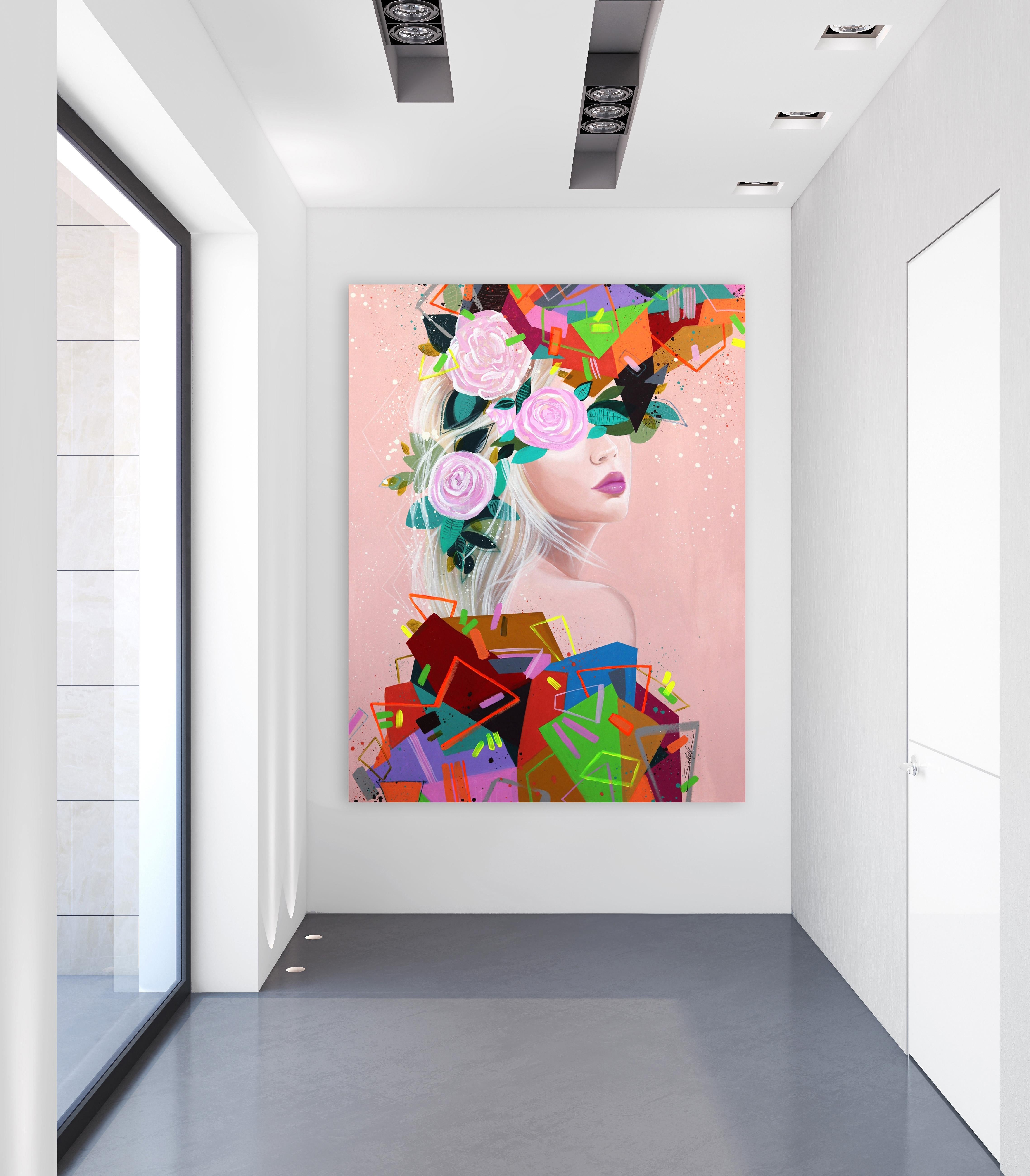 Geometrien II – Großes Originales, farbenfrohes, figuratives, abstraktes, geblümtes Gemälde in Rosa im Angebot 1