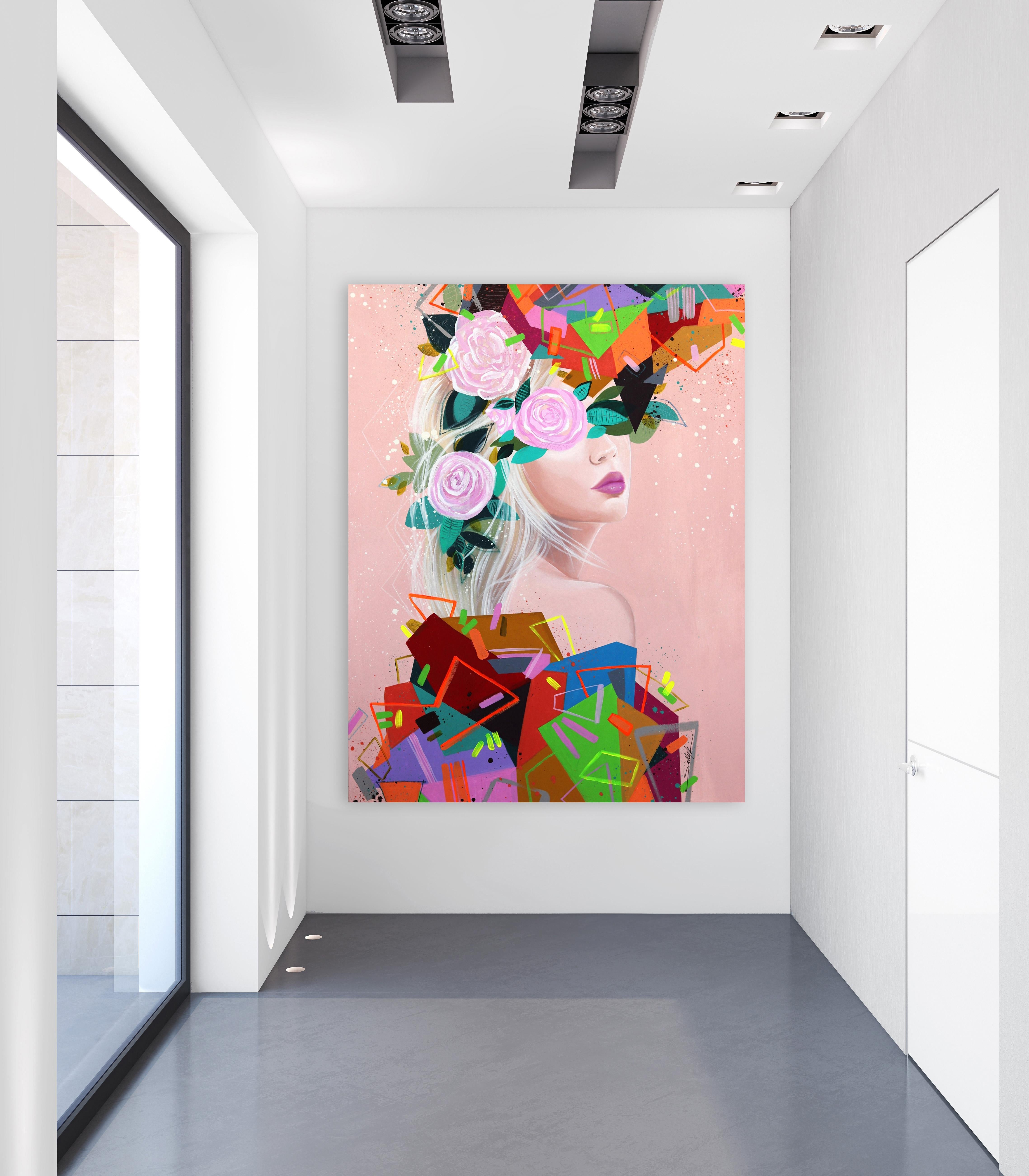 Geometrías II - Gran Pintura Floral Abstracta Figurativa Rosa Colorida Original en venta 1