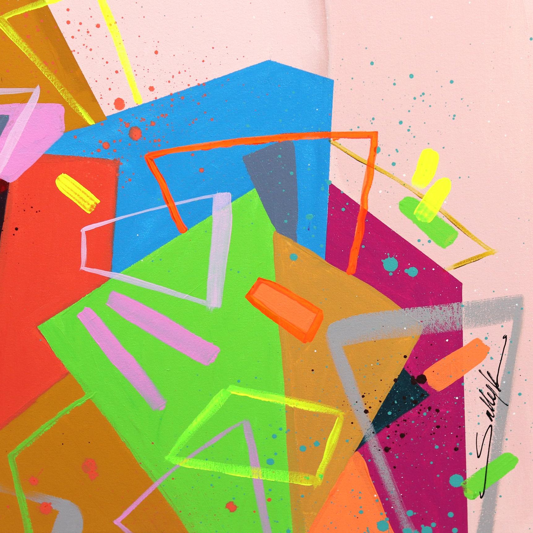 Geometrien II – Großes Originales, farbenfrohes, figuratives, abstraktes, geblümtes Gemälde in Rosa im Angebot 3