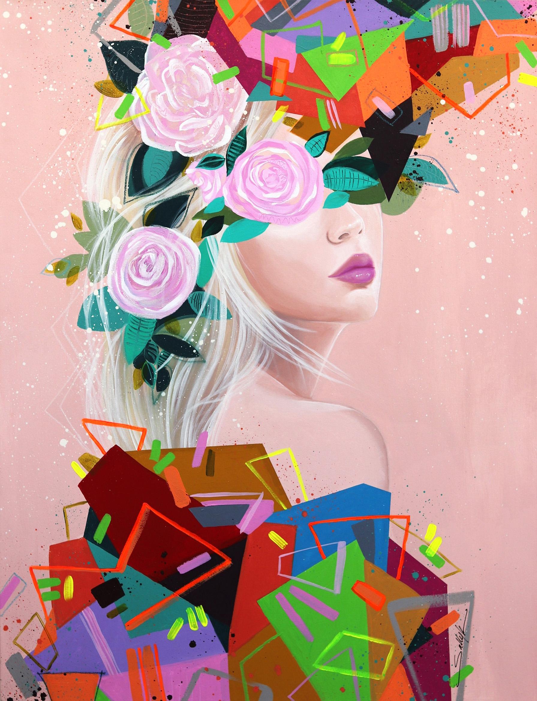 Figurative Painting Sally K - Geometres II - Grande peinture florale abstraite colorée rose originale
