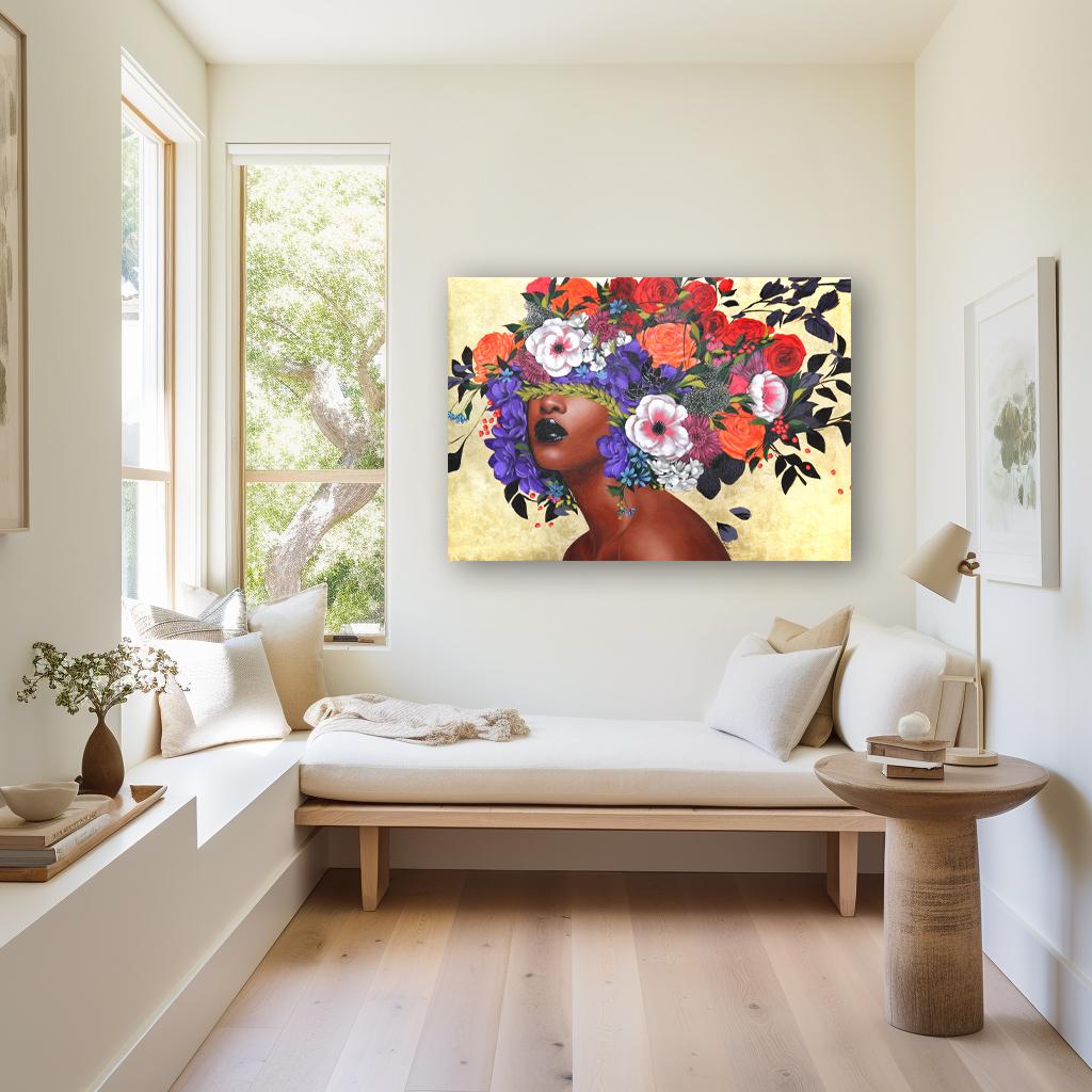 Jada - Opera d'arte figurativa originale in foglia d'oro con motivi floreali di Sally K. in vendita 1