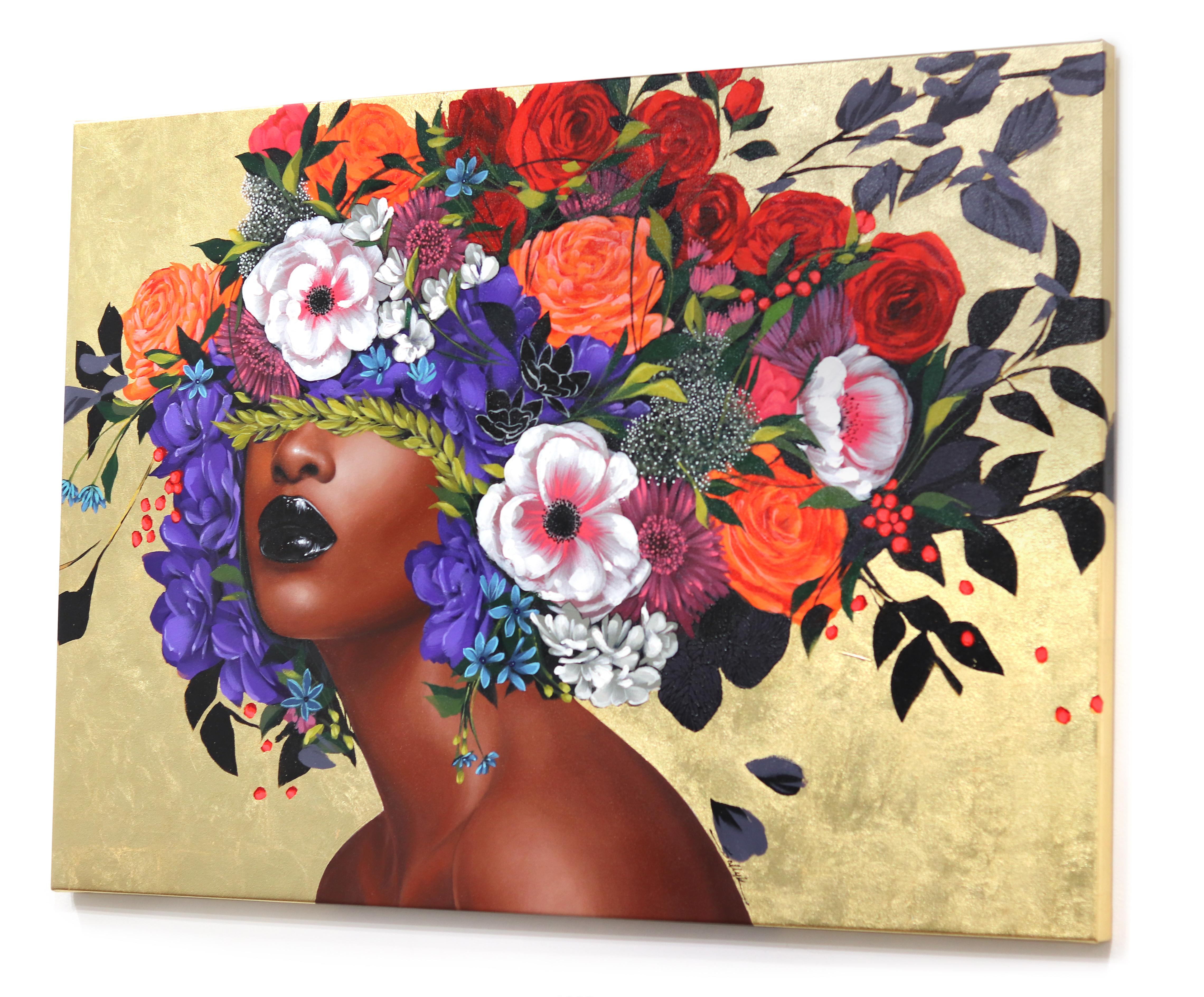 Jada - Opera d'arte figurativa originale in foglia d'oro con motivi floreali di Sally K. in vendita 3