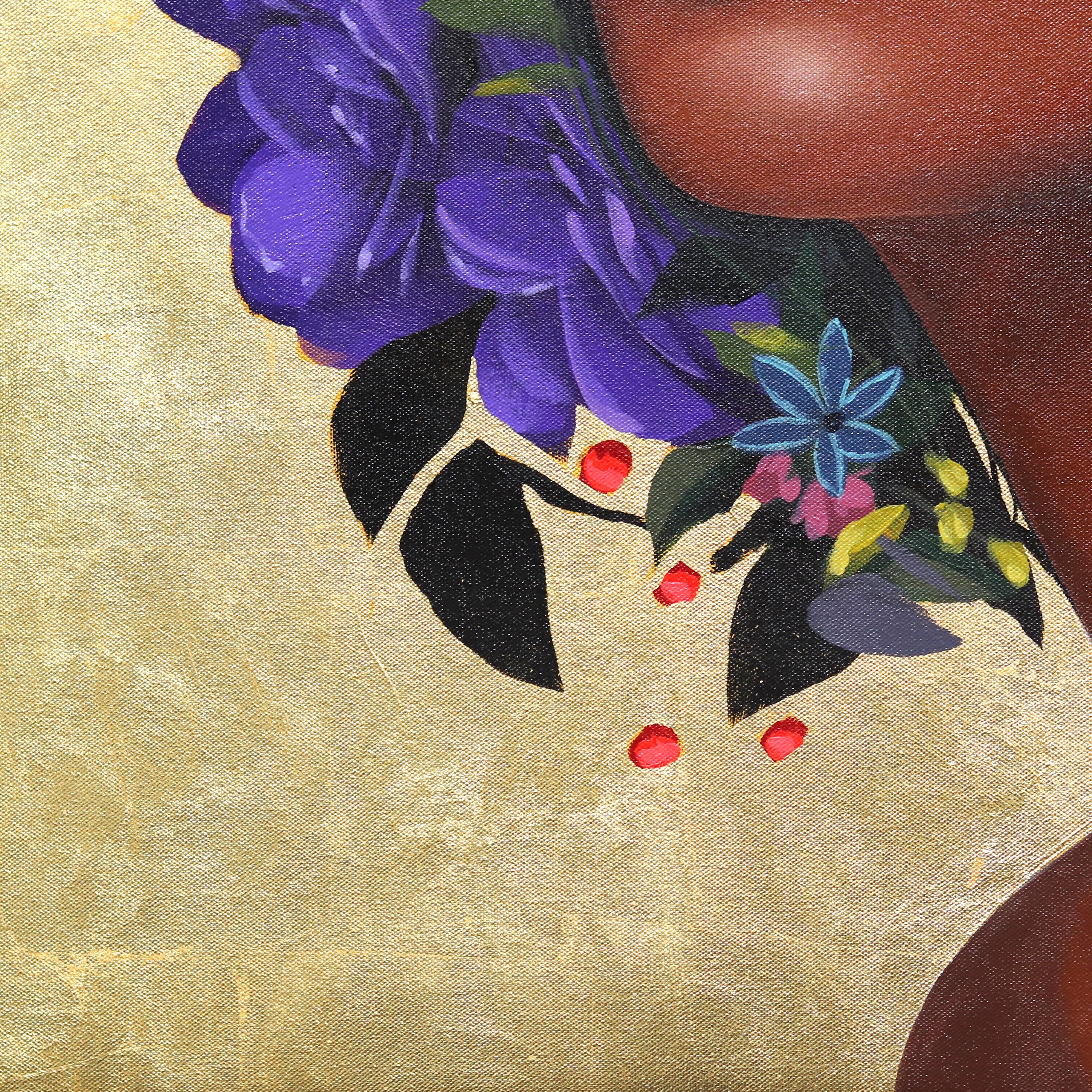 Jada - Opera d'arte figurativa originale in foglia d'oro con motivi floreali di Sally K. in vendita 7