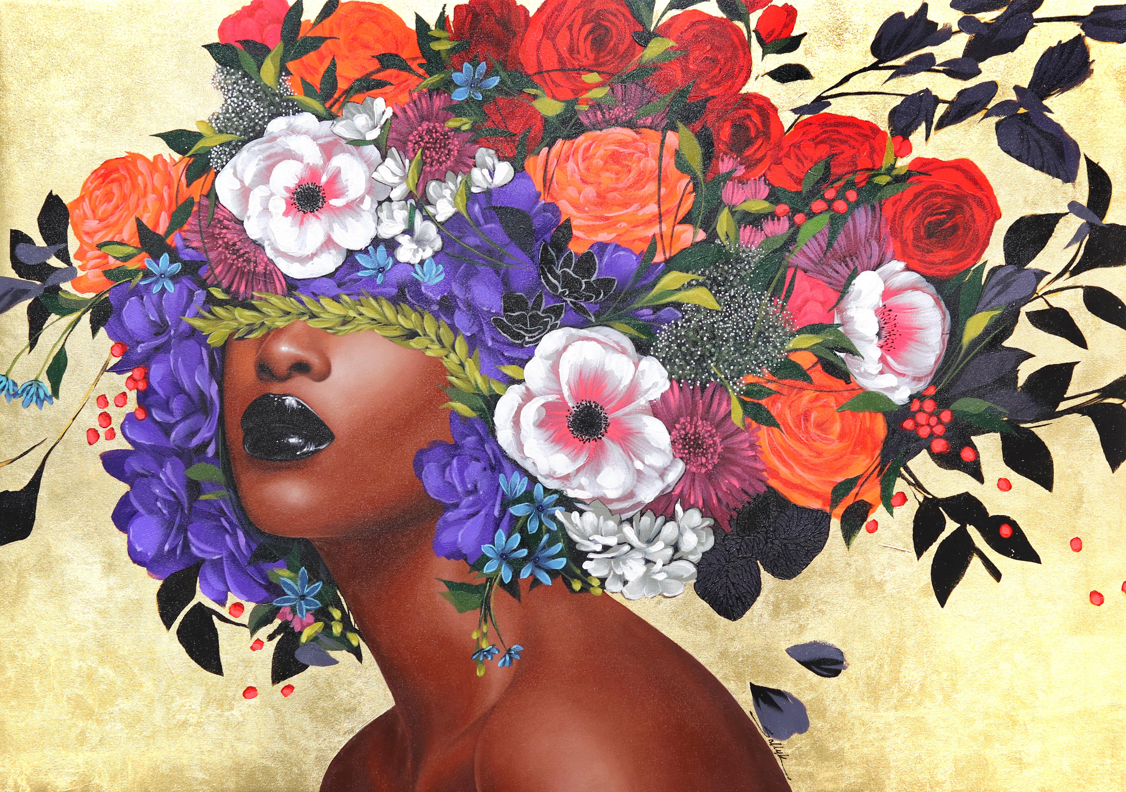Jada - Obra de Arte Figurativa Original de Pan de Oro Vibrante Floral Sally K