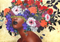 Jada - Obra de Arte Figurativa Original de Pan de Oro Vibrante Floral Sally K