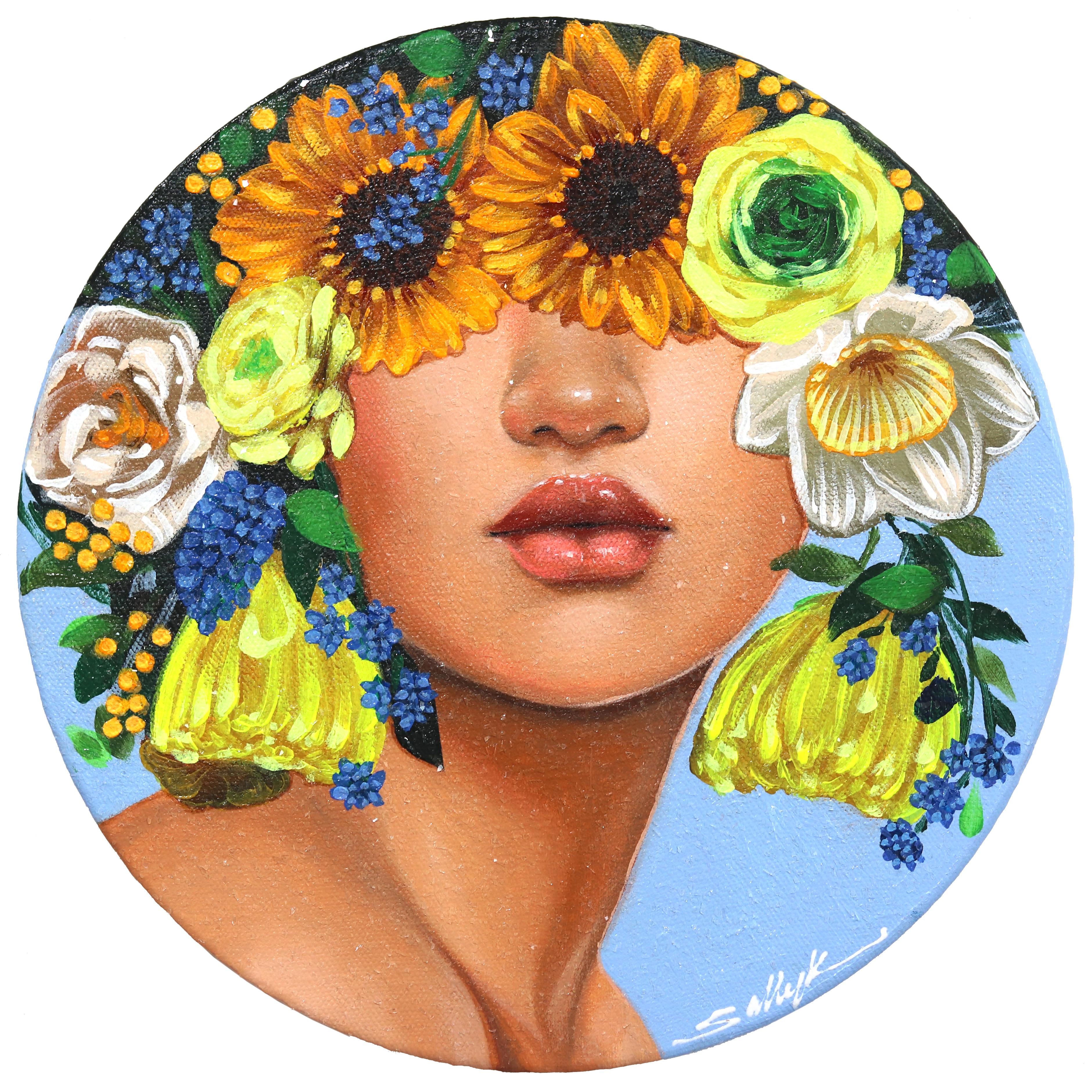 Este cuadro redondo de 30 cm está creado con pintura acrílica y polvo de diamante sobre lienzo. Está tensada, alambrada y lista para colgar. Esta obra de arte figurativa floral está firmada por el artista en el anverso de la obra. Los laterales son