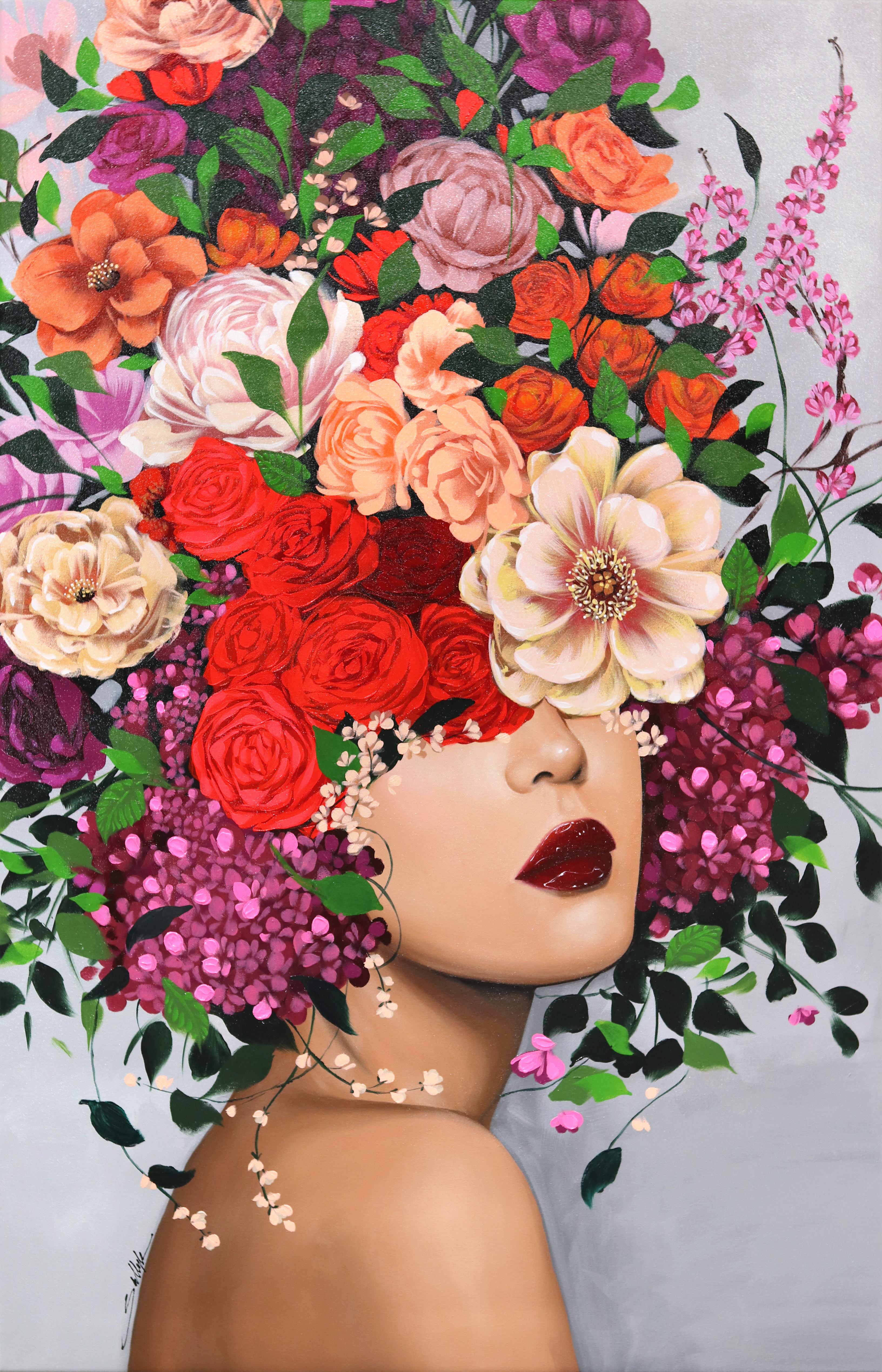 Margarite - Obra de Arte Figurativa Original Grande Floral Vibrante Sally K