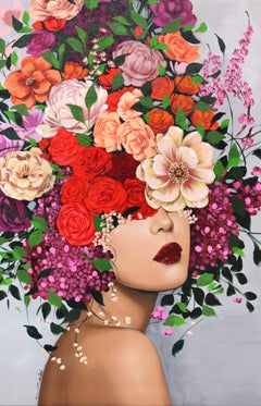 Margarite - Obra de Arte Figurativa Original Grande Floral Vibrante Sally K