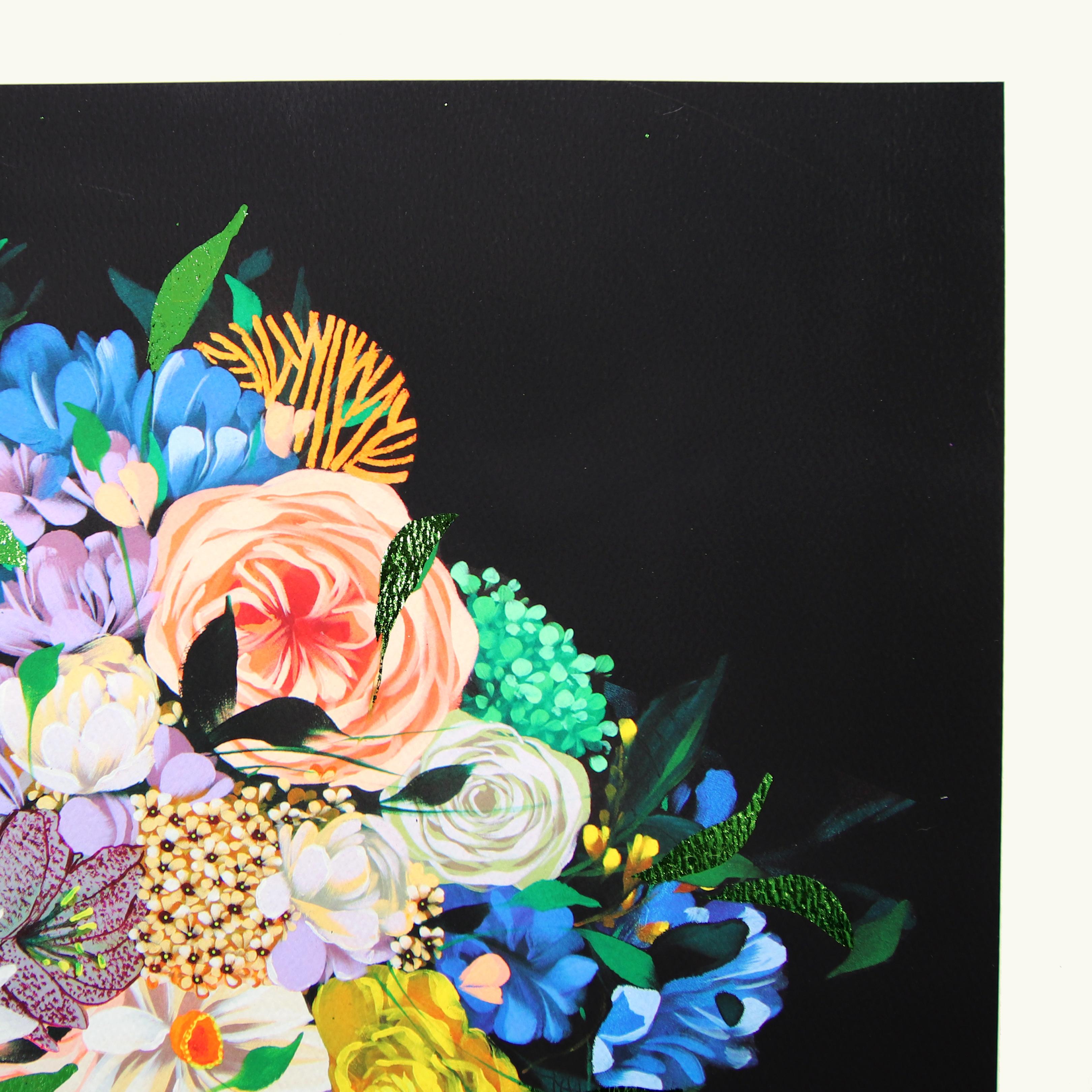 Medianoche II-  Obra de Arte Original sobre Papel Floral Vibrante y Colorido de Sally K en venta 1