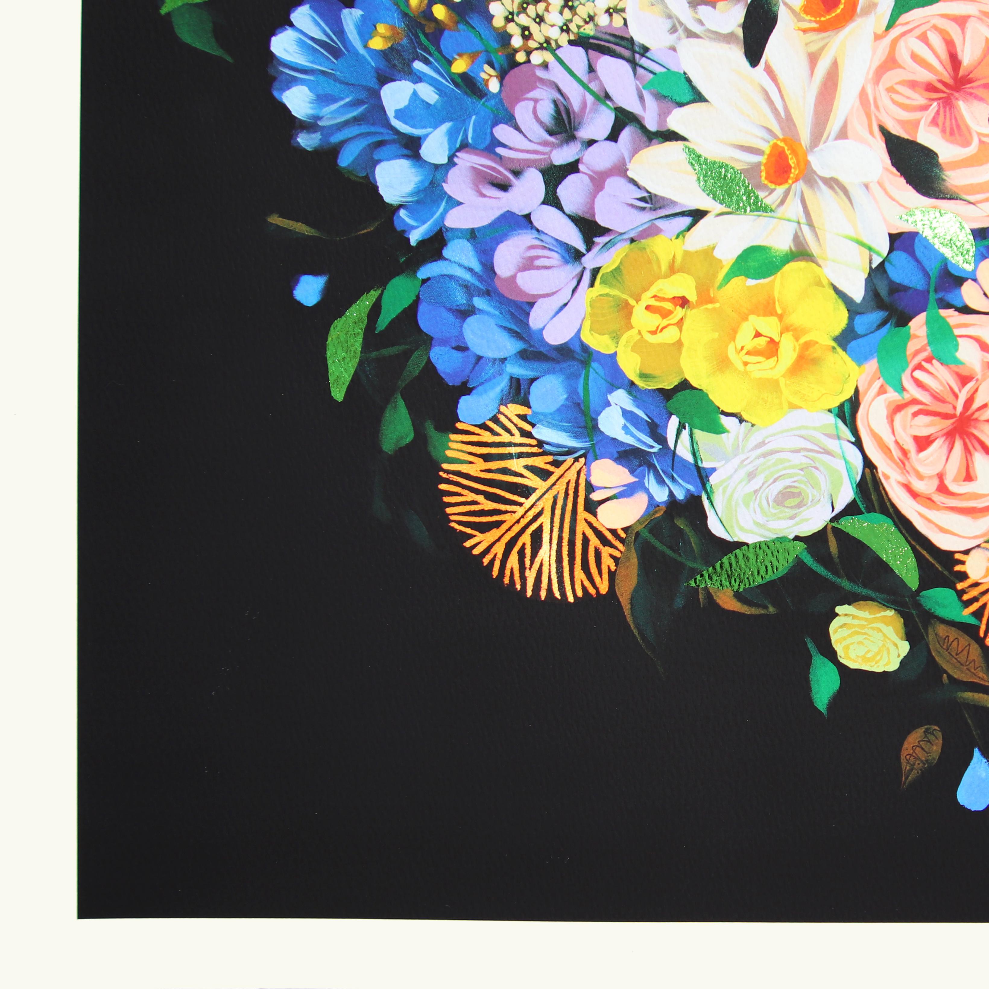 Medianoche II-  Obra de Arte Original sobre Papel Floral Vibrante y Colorido de Sally K en venta 2